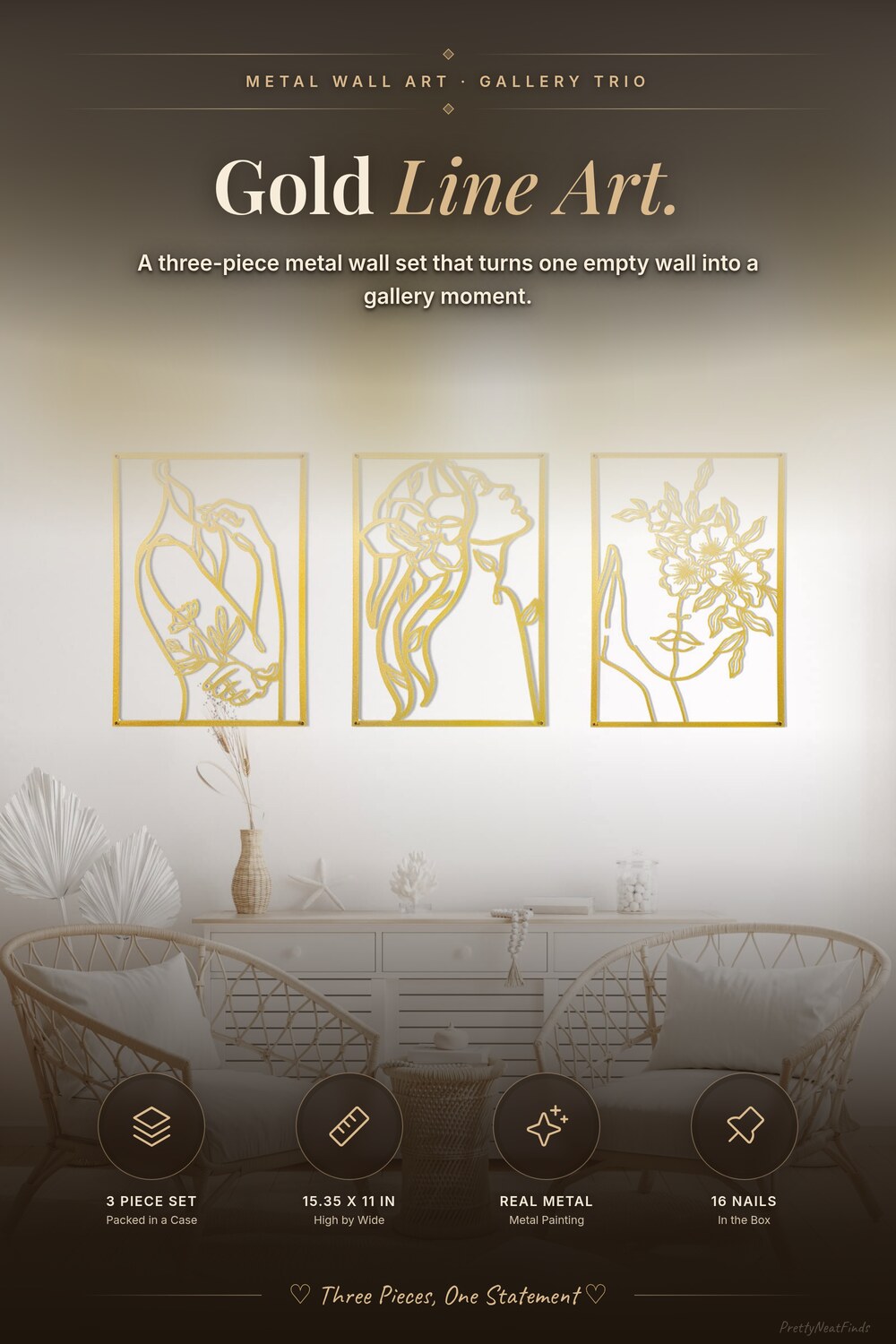 AGIOTA 3 Pcs Gold Metal Wall Decor, Minimalist Floral Line Drawing Wall Art