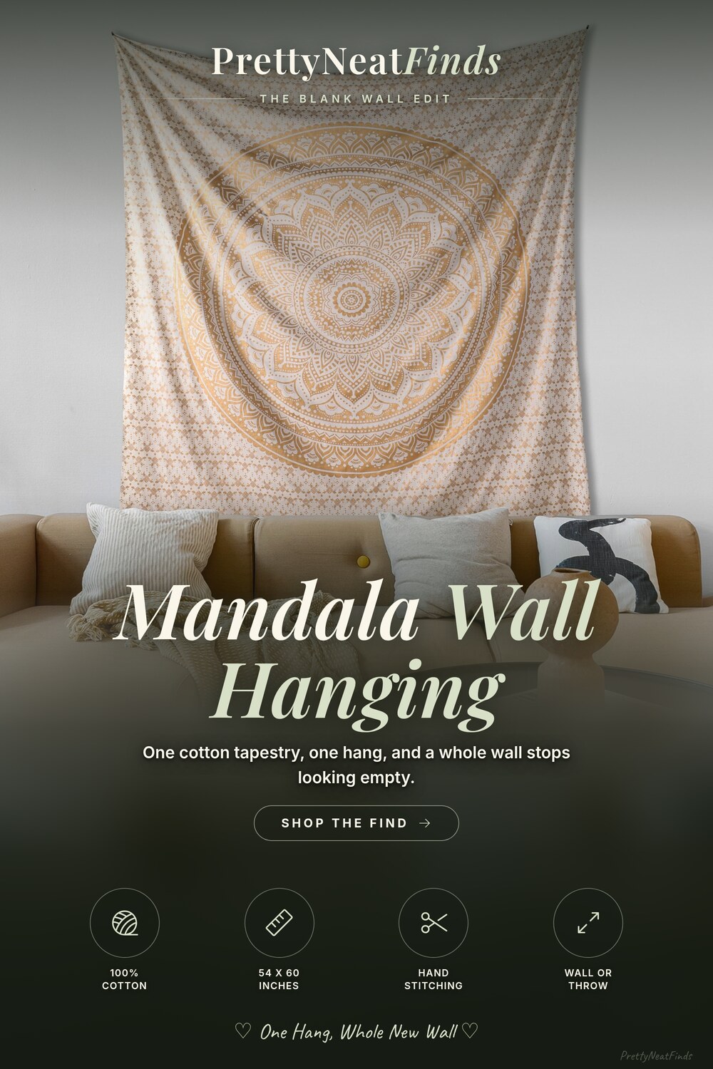 THE ART BOX Gold Mandala Tapestry Wall Hanging, Cotton Throw, 54 x 60 inches