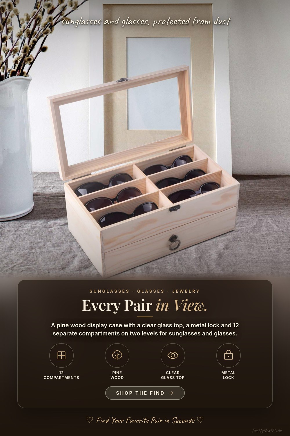 AUTOARK Pine Wood Eyeglass Display Case, 12 Compartments