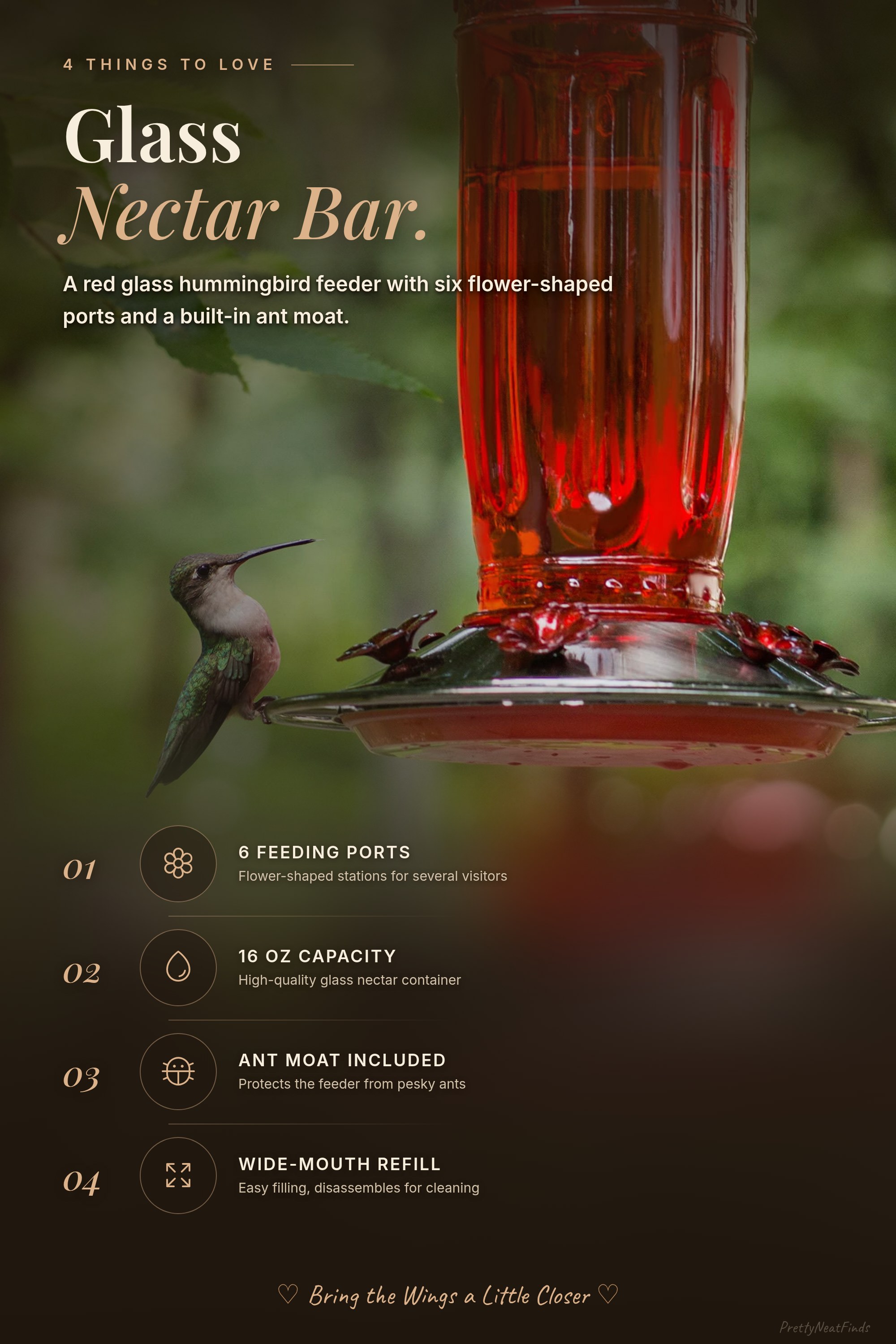 Kingsyard Glass Hummingbird Feeder, 6 Feeding Ports, Ant Moat Included