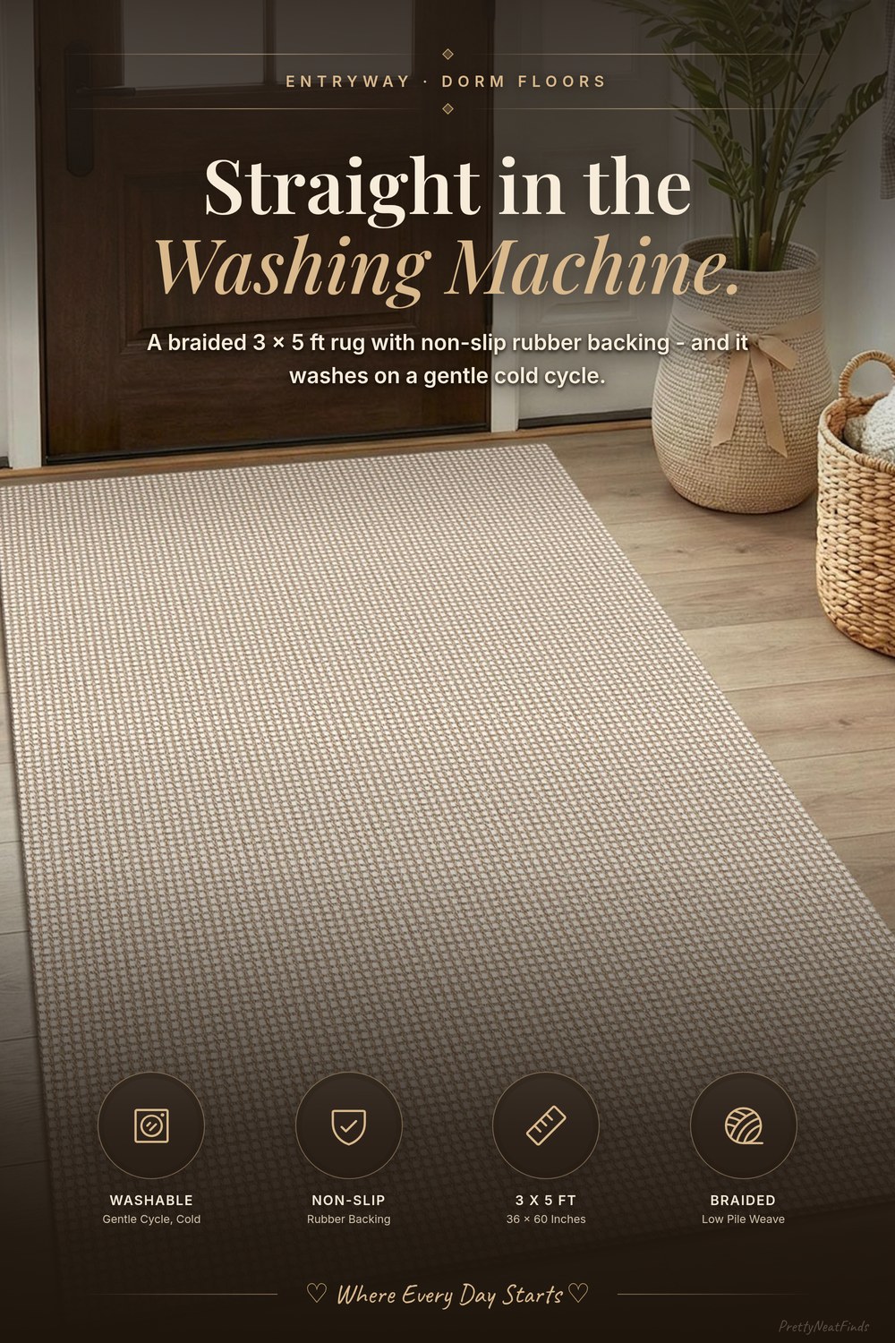 KOZYFLY Washable Braided Area Rug, 3 x 5 ft, Ivory/Camel