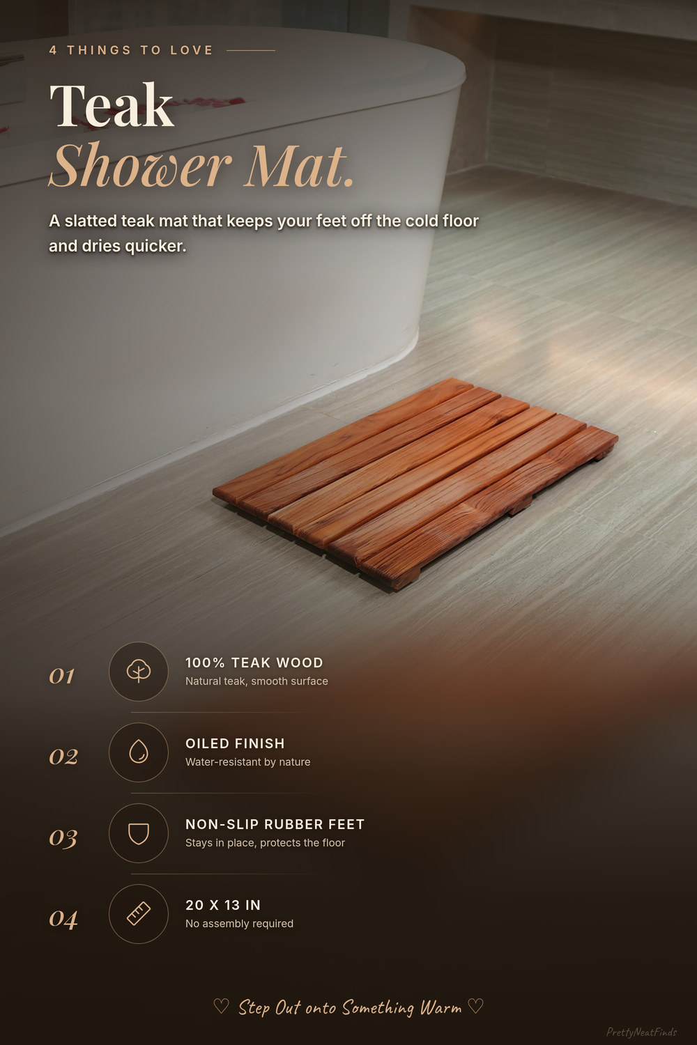 VaeFae Teak Shower Mat, Non-Slip Slatted Bath Mat for Bathtub, 20 x 13 Inches