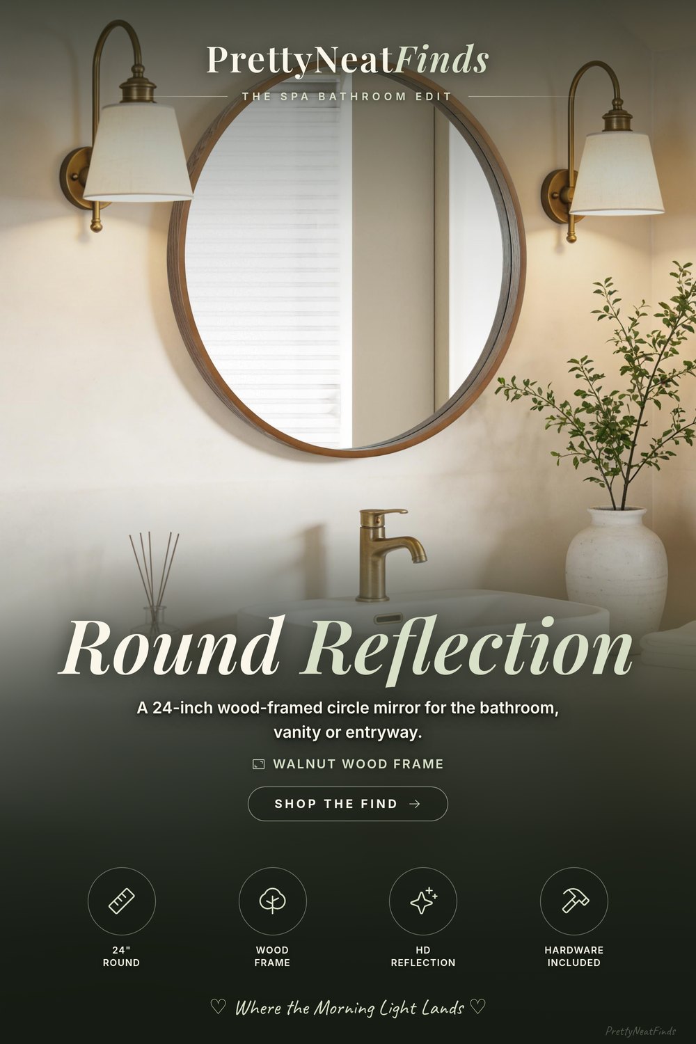 Wood Round Mirror with Walnut Frame, 24 Inch Circle Wall Mirror for Bathroom, Vanity or Entryway