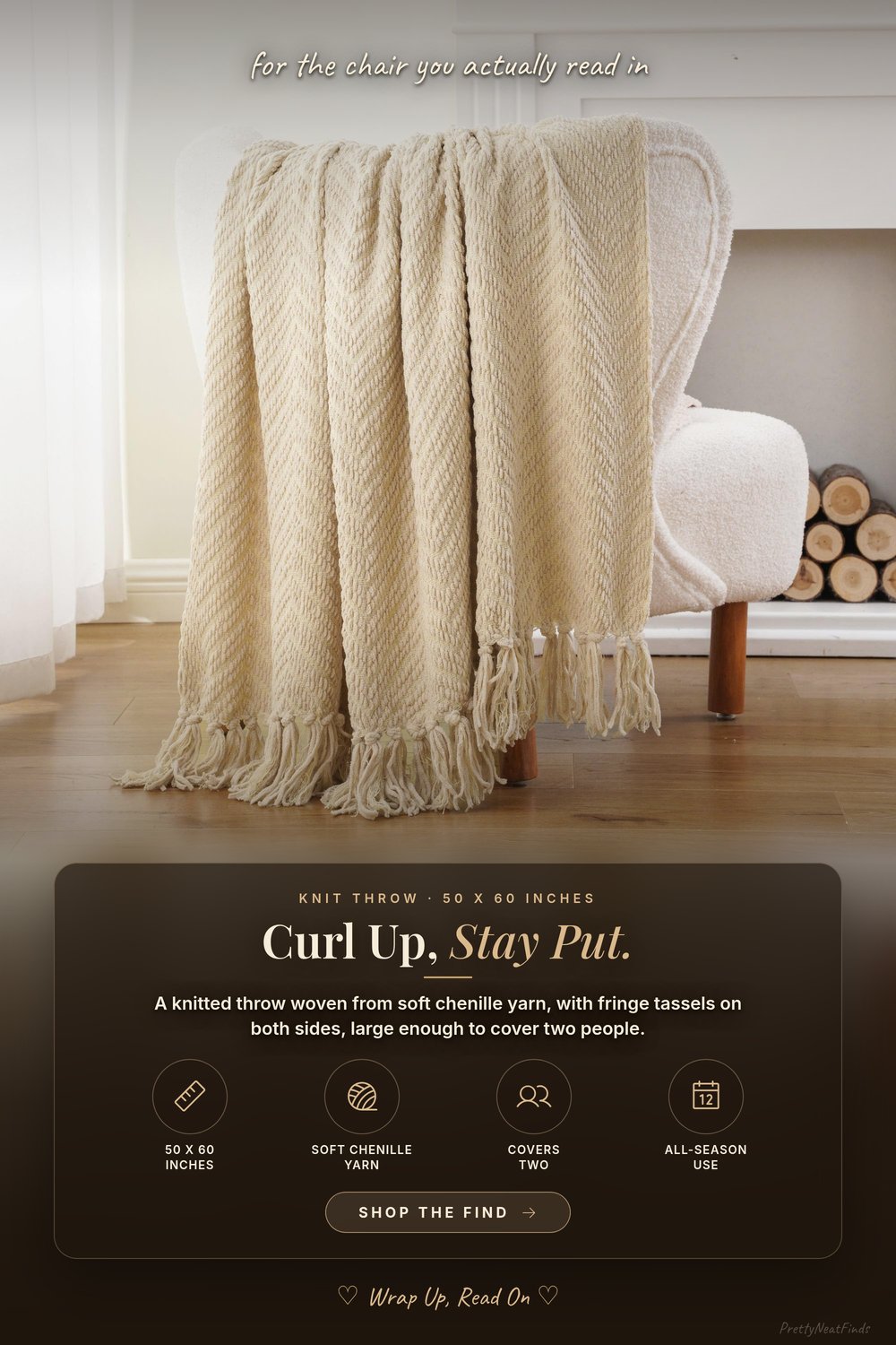 BATTILO HOME Knitted Chenille Throw with Tassels, 50 x 60, Beige