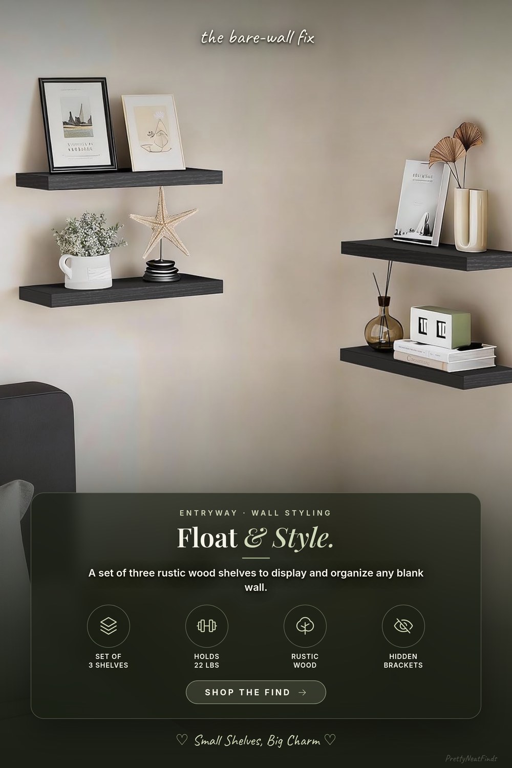 BAYKA Floating Wall Shelves (Rustic Wood, Set of 3)