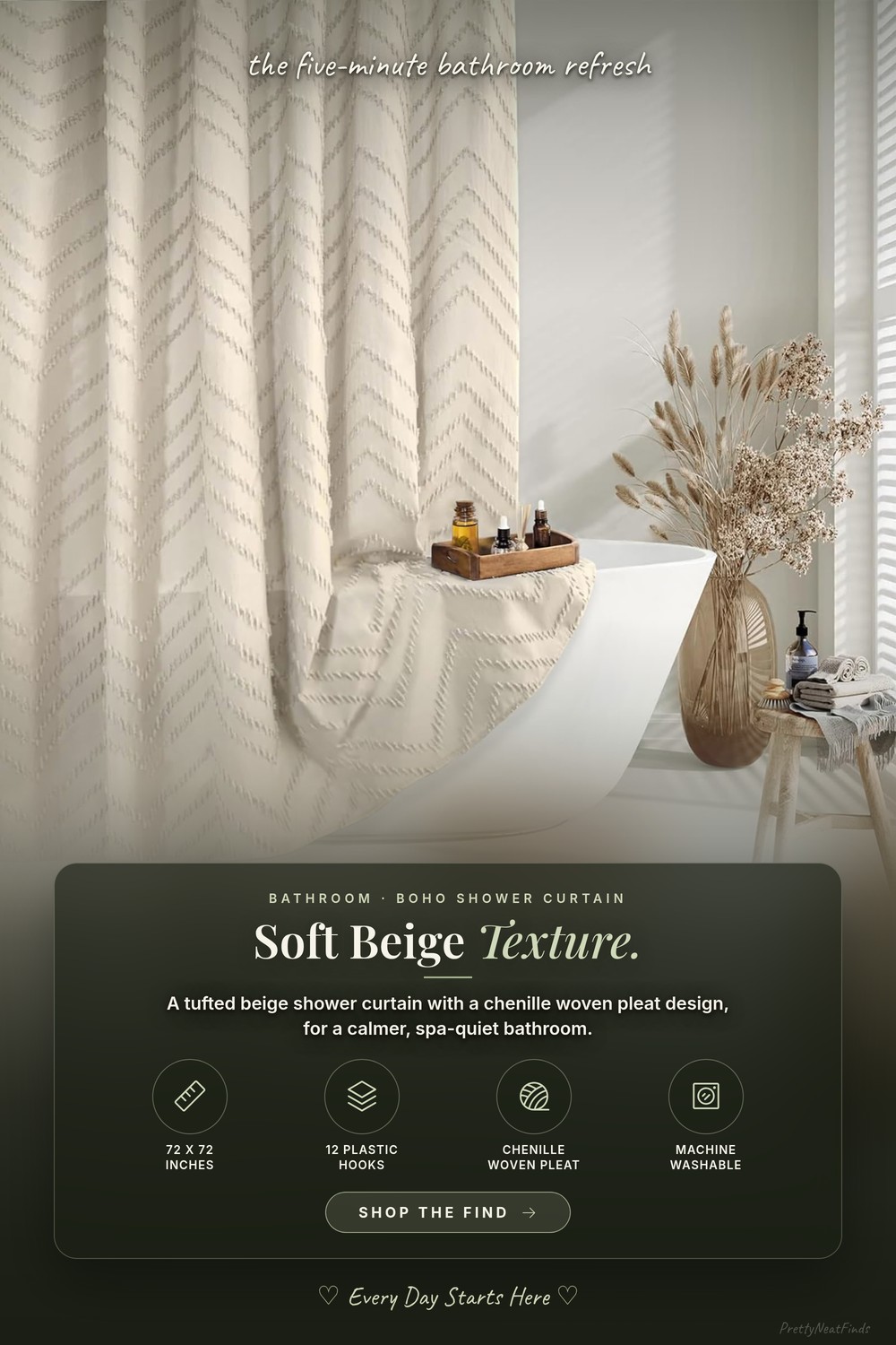 TURKIO Beige Boho Fabric Shower Curtain, 72 x 72 Inches