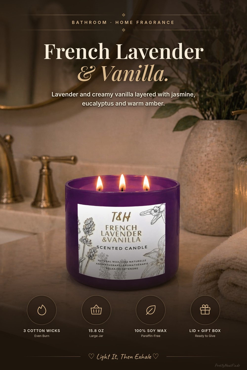 T&H French Lavender Vanilla 3-Wick Soy Candle, 15.8 oz