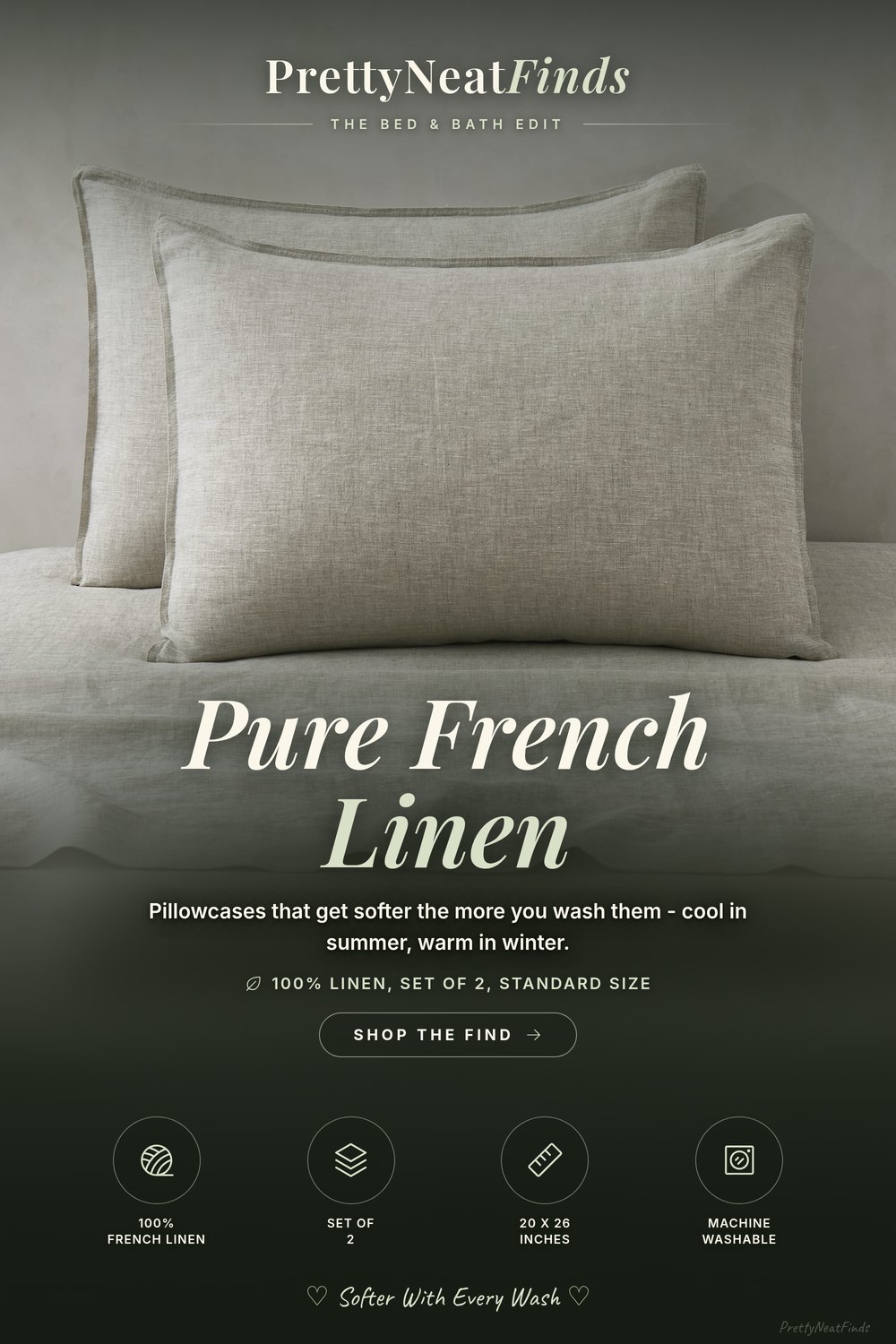 ATLINIA 100% Linen Pillowcases, Set of 2, Standard 20 x 26 Inches