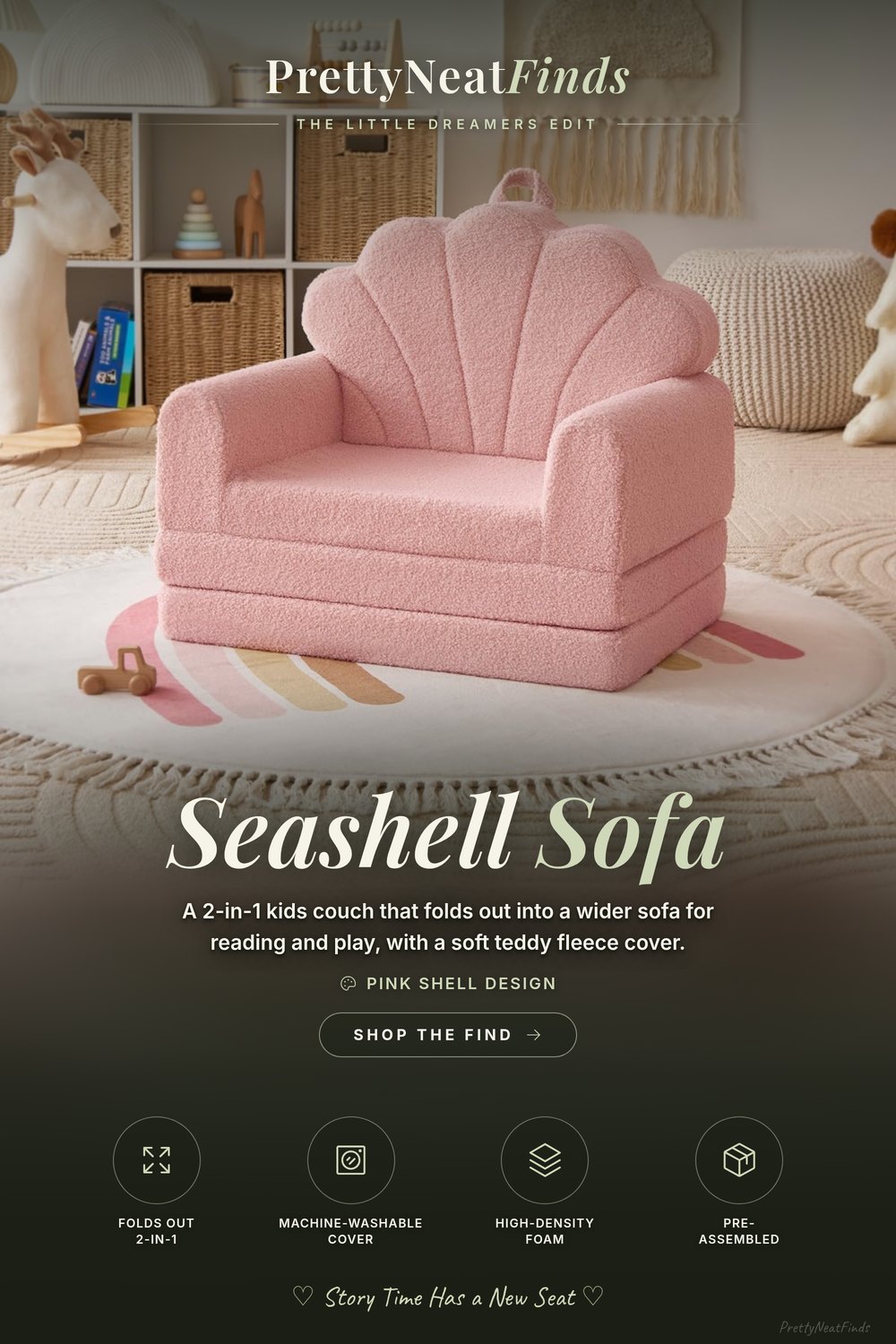Blissful Diary Foldable Seashell Kids Couch, 2-in-1, Pink