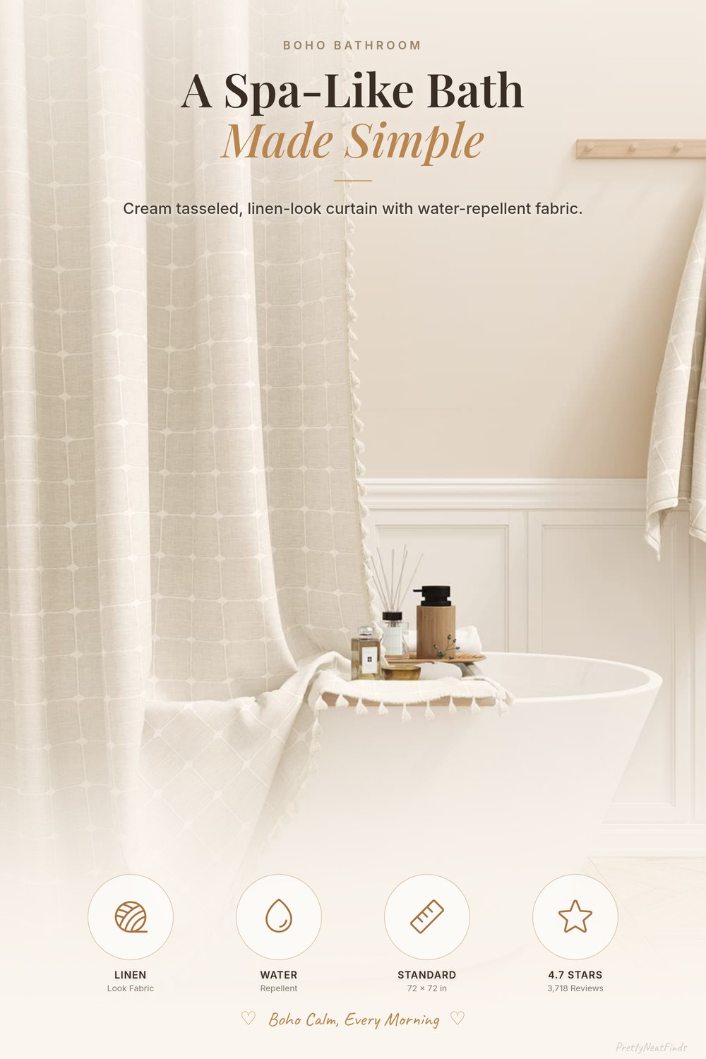 BTTN Boho Farmhouse Tassel Shower Curtain, Linen-Look Water-Repellent (Cream, 72x72)