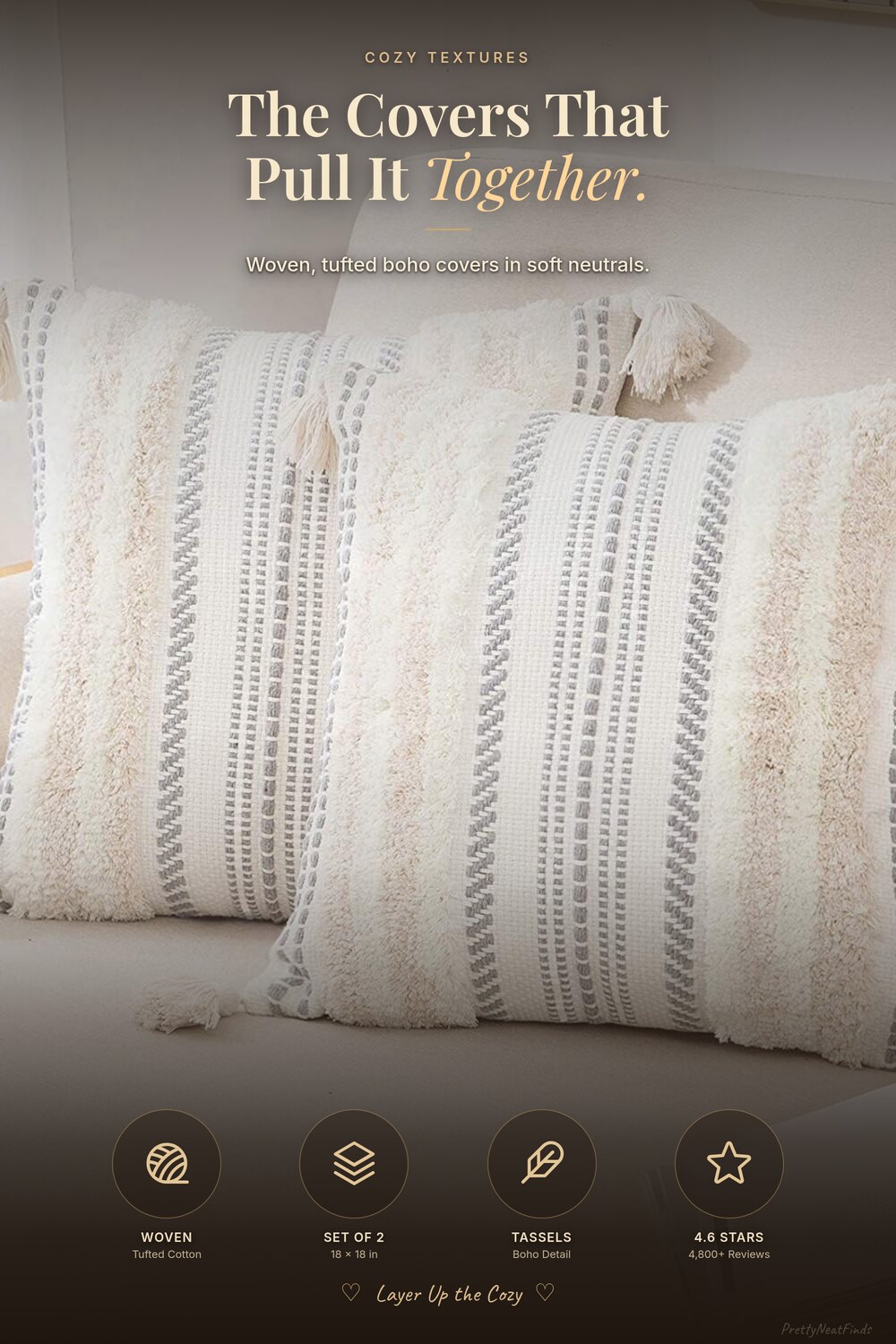 decorUhome Boho Tufted Throw Pillow Covers 18x18 (Set of 2)