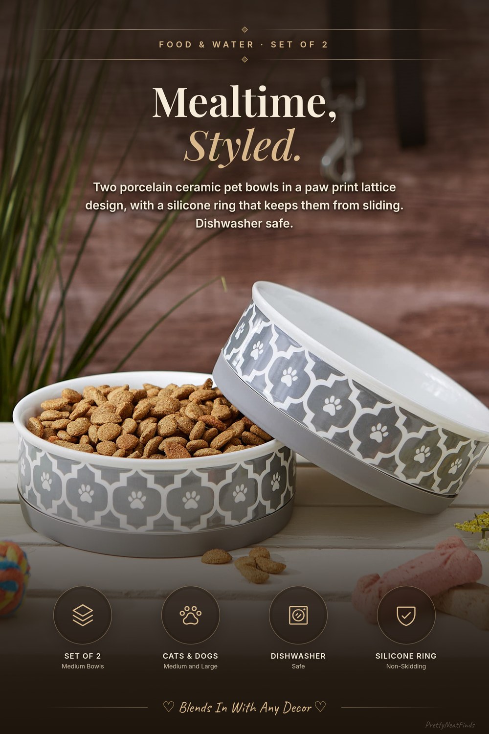 Bone Dry Paw Print Lattice Ceramic Pet Bowls, Medium, Set of 2, Gray
