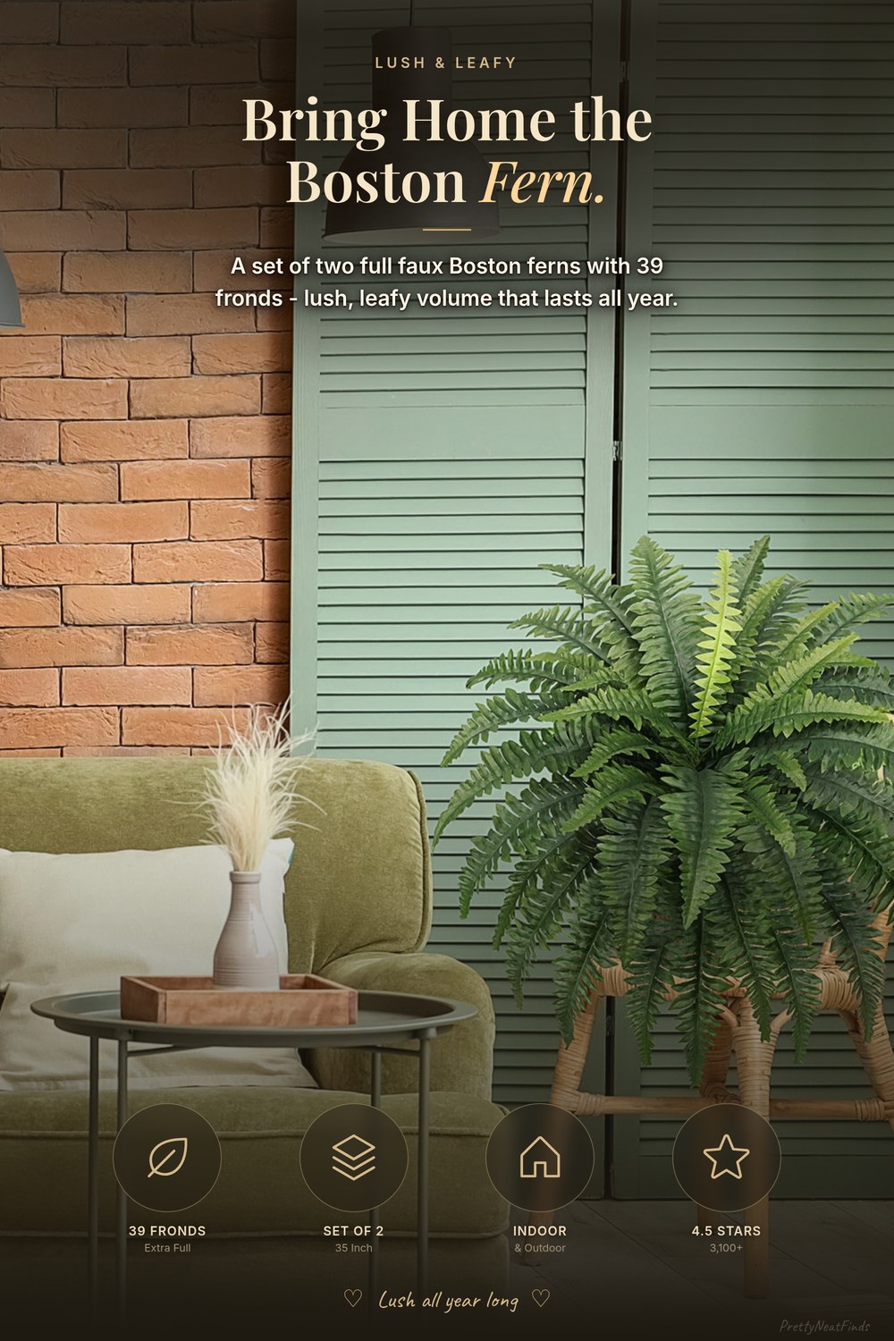 FOREST PRINCE 35" Artificial Boston Ferns (Set of 2, 39 Fronds)