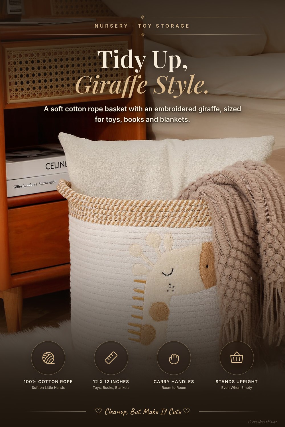Toy Storage Basket, Woven Cotton Rope, 12 x 12 in (Giraffe)