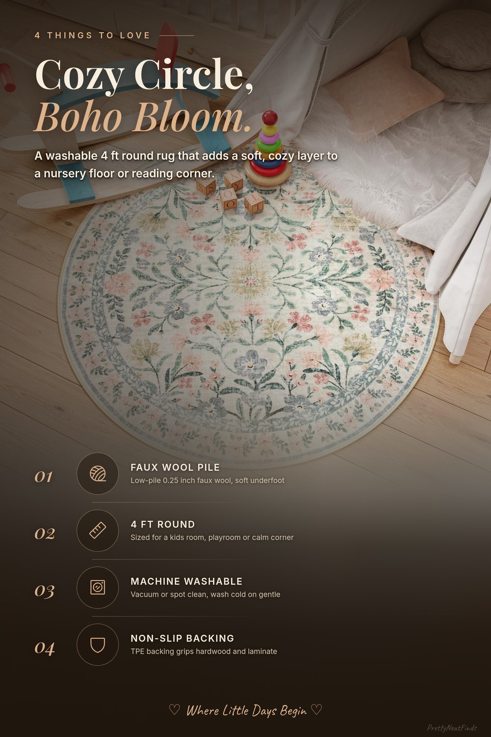 Lahome Sylvie Round Boho Floral Rug, 4ft Cream Washable Circle Rug (Beige)