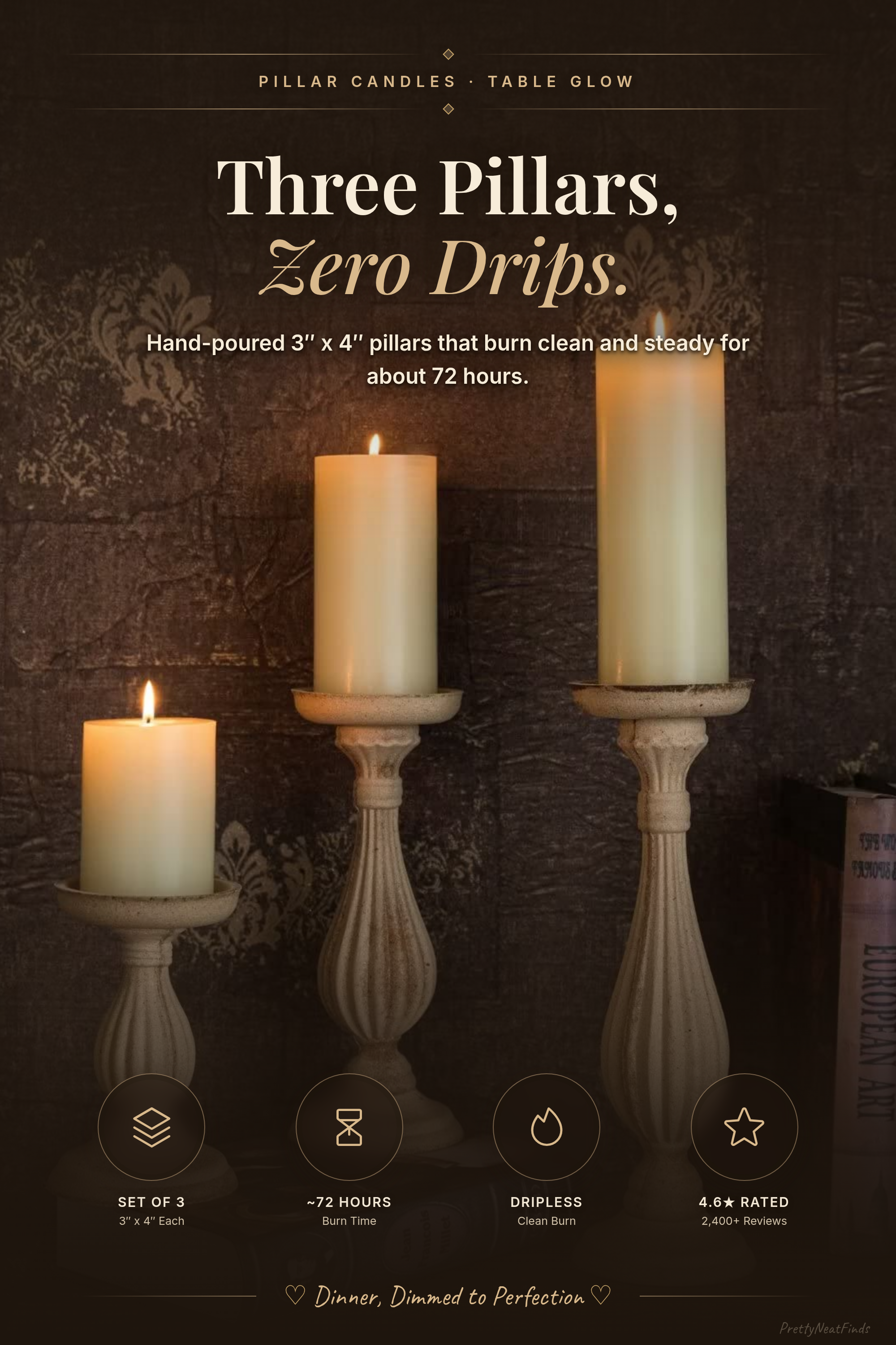 MOZEAL Hand-Poured Unscented Dripless Pillar Candles, Set of 3, 3 x 4 inch, Ivory