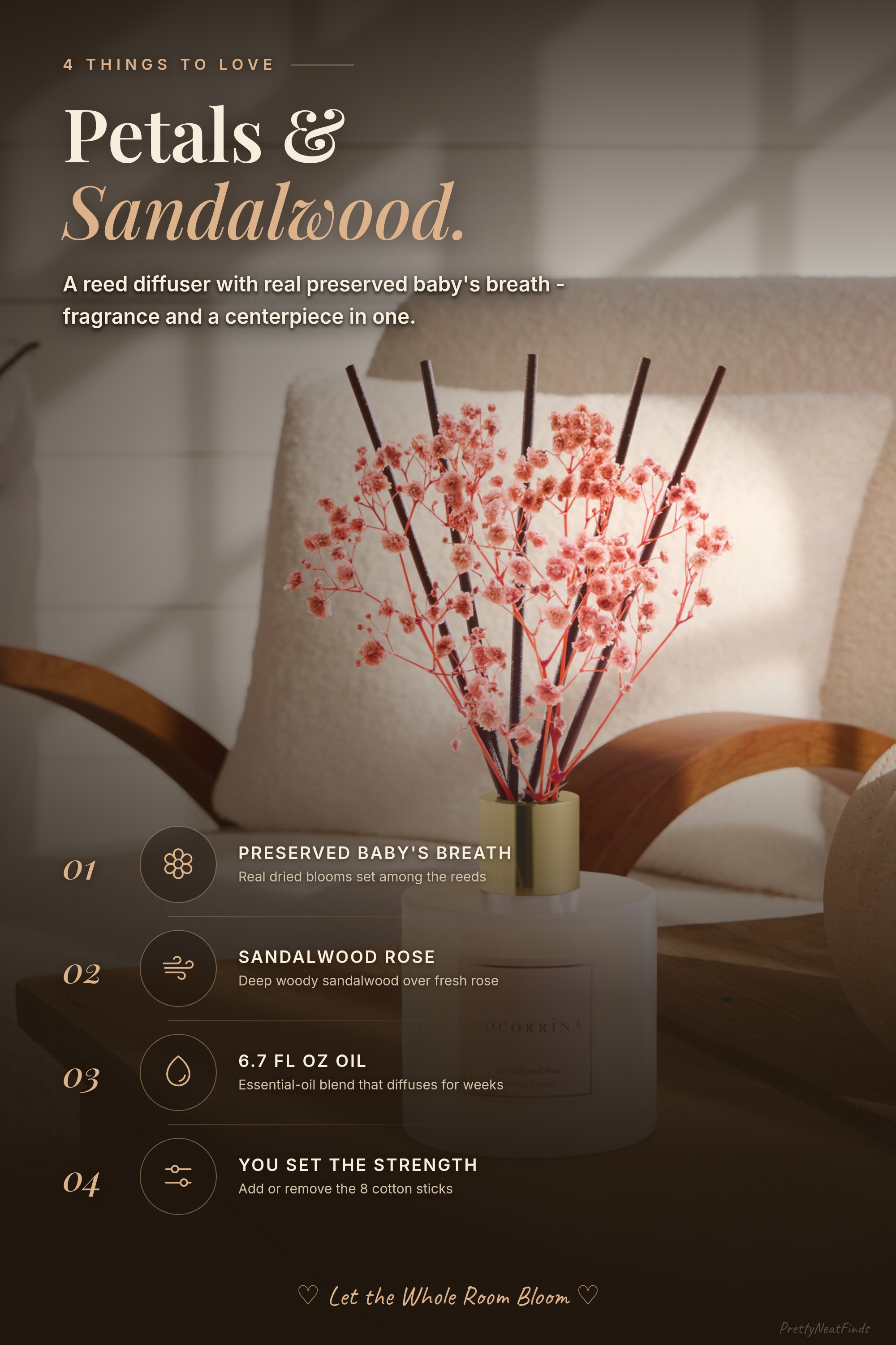 COCORRINA Premium Reed Diffuser Set with Preserved Baby's Breath and Cotton Sticks, Sandalwood Rose, 6.7 oz