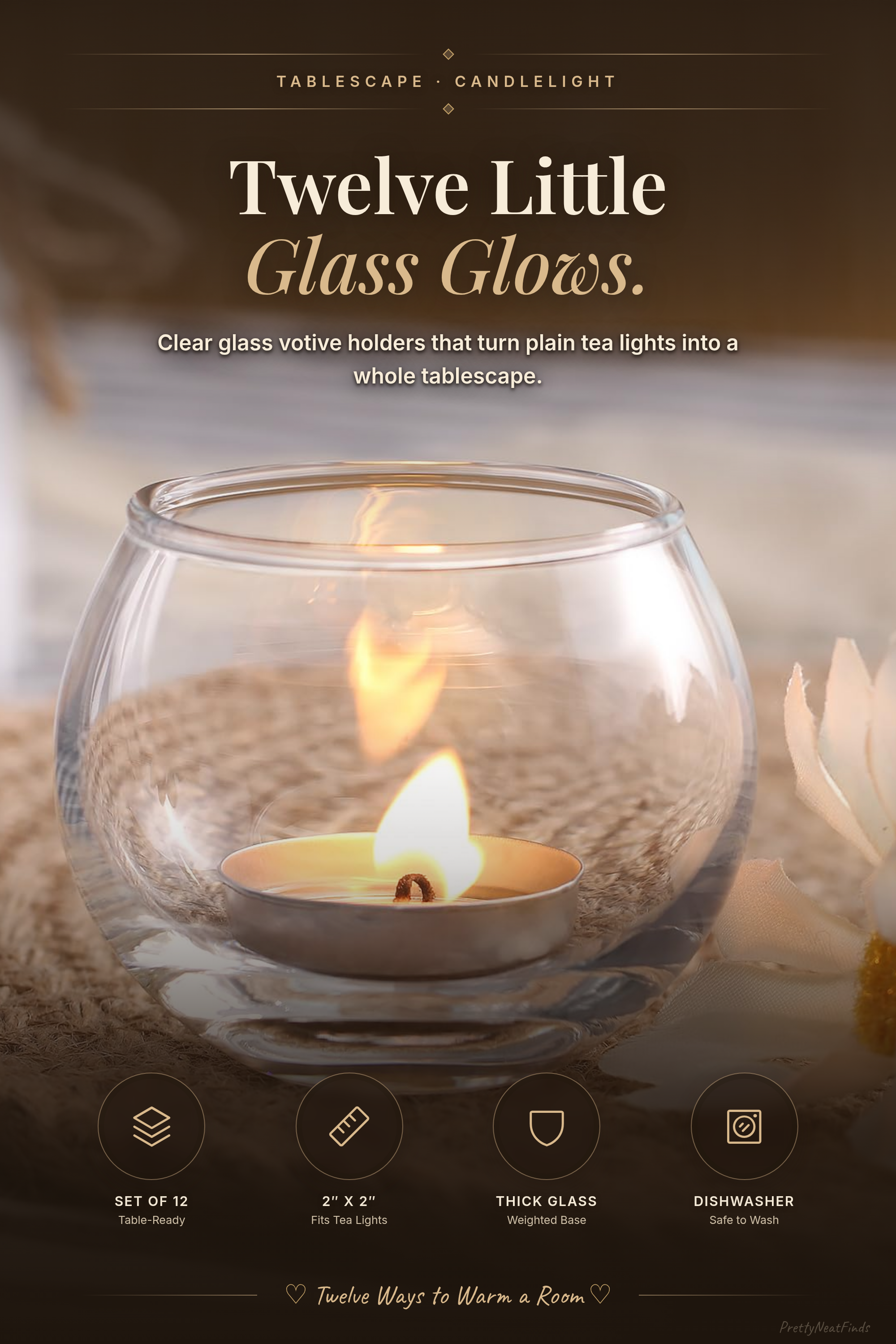 Volens Clear Glass Votive Candle Holders, Set of 12, 2 x 2 inch