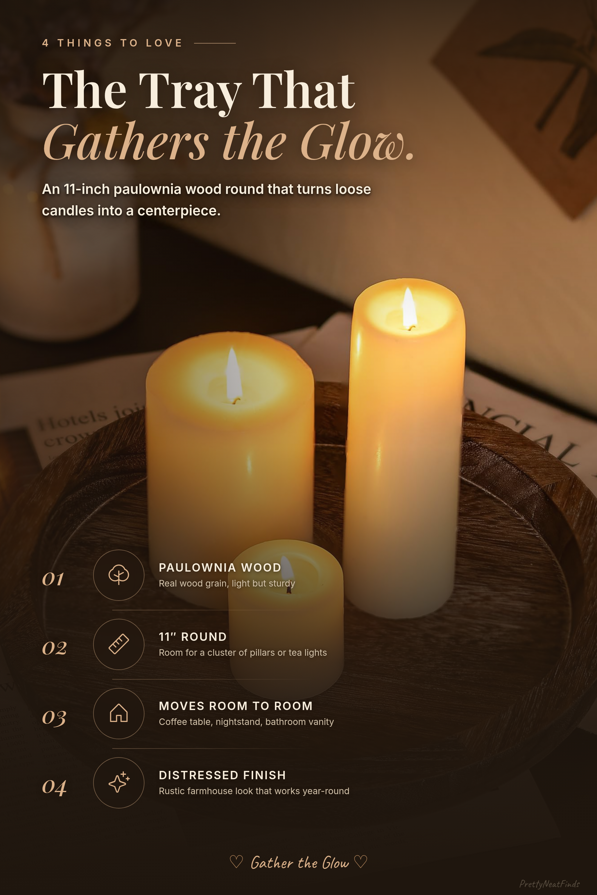 Hanobe Round Wooden Candle Holder Tray, Distressed Finish, 11 inch