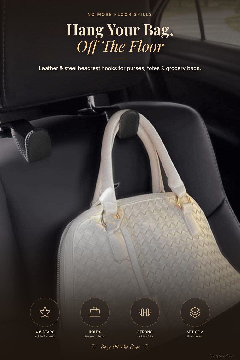 AMVOYOA Leather Headrest Hooks for Purses and Bags (2 Pack, Holds 45 lb)