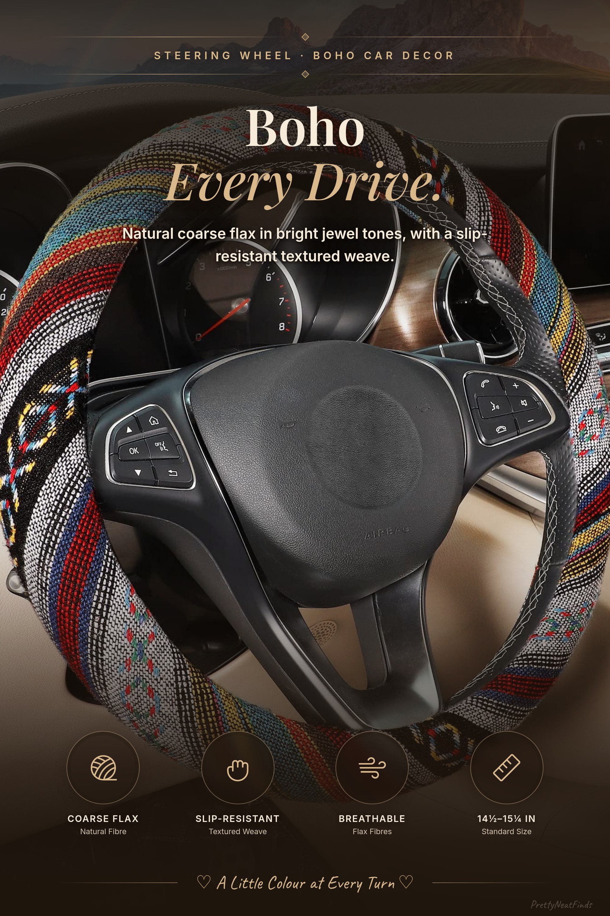 SEG Direct Boho Steering Wheel Cover, Baja Blanket Cloth, Coarse Flax
