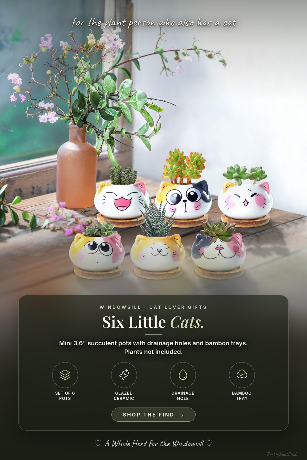 Cat Planter Succulent Pot with Drainage, Set of 6, 3.6 Inch