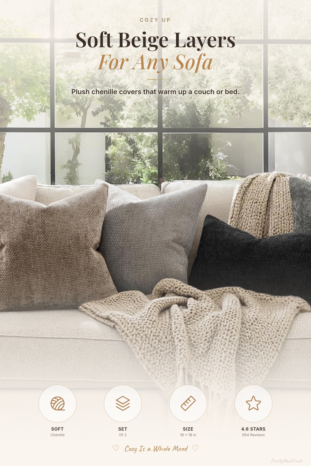 MIULEE Soft Chenille Throw Pillow Covers, 18x18, Neutral Beige (Set of 2)