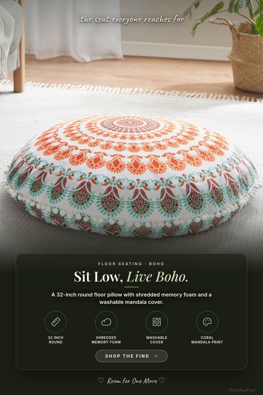 Codi 32-inch Round Floor Pillow, Coral Mandala, Shredded Memory Foam
