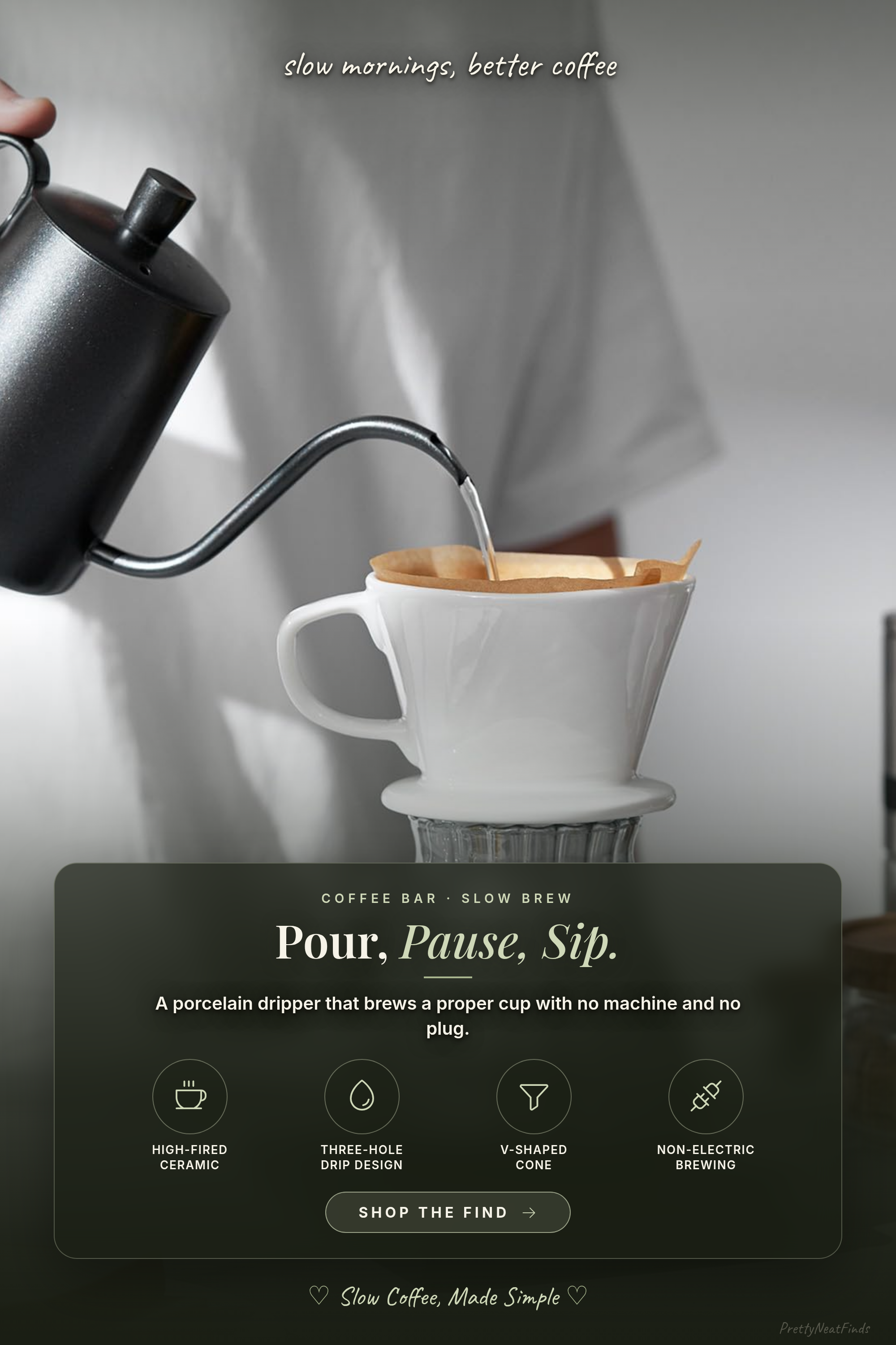 DOWAN Pour Over Coffee Maker, Non-Electric Porcelain Coffee Dripper, White
