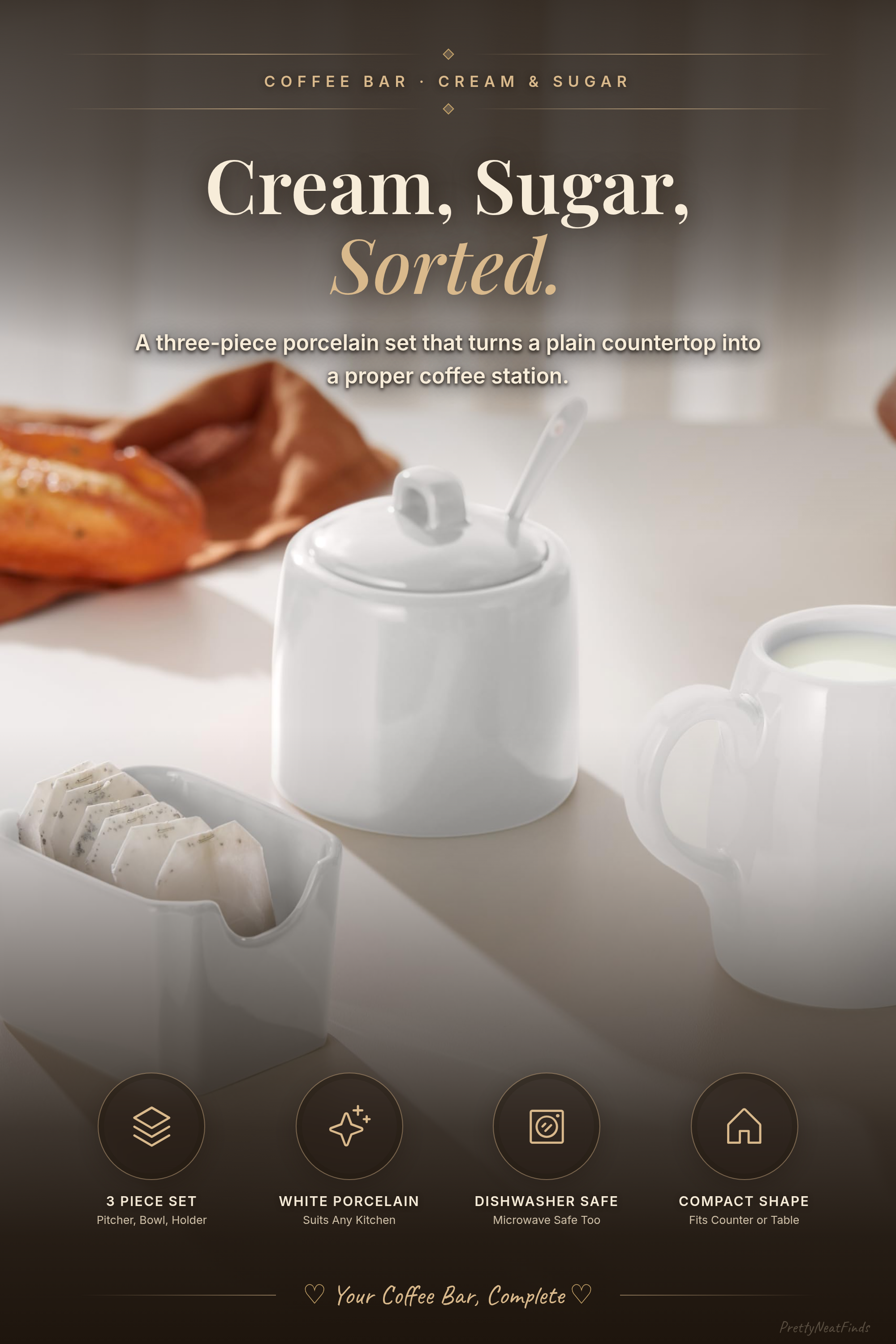 KooK Sugar and Creamer Set, 3 Piece, Pitcher, Sugar Bowl with Lid and Spoon, Sweetener Holder, White
