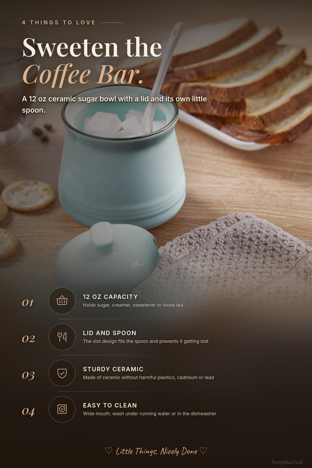 DAYYET Ceramic Sugar Bowl with Lid and Spoon, 12 oz, Turquoise