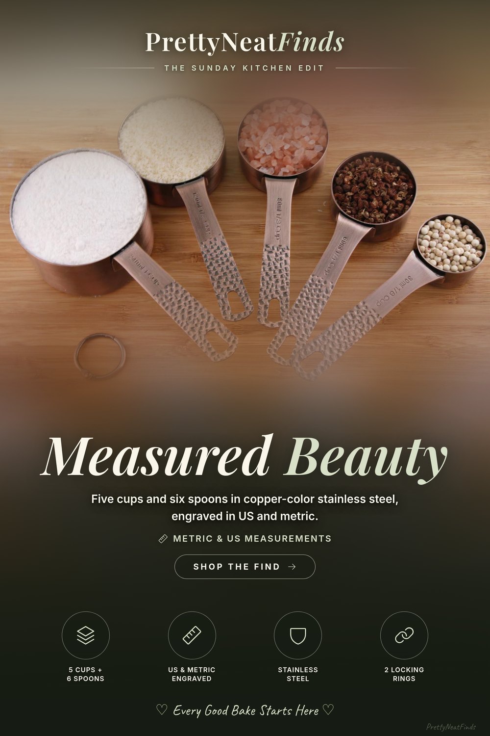 Copper-Color Stainless Steel Measuring Cups and Spoons, 5 Cups and 6 Spoons, US & Metric