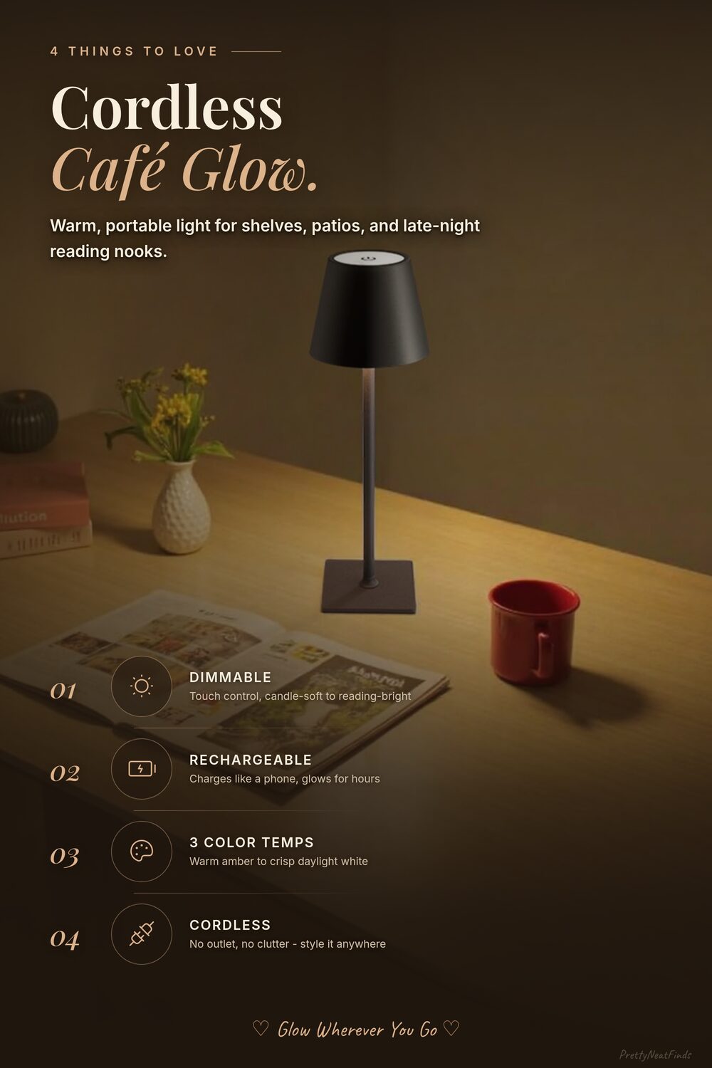 KDG Cordless Table Lamp (Rechargeable, 3-Color Dimmable)