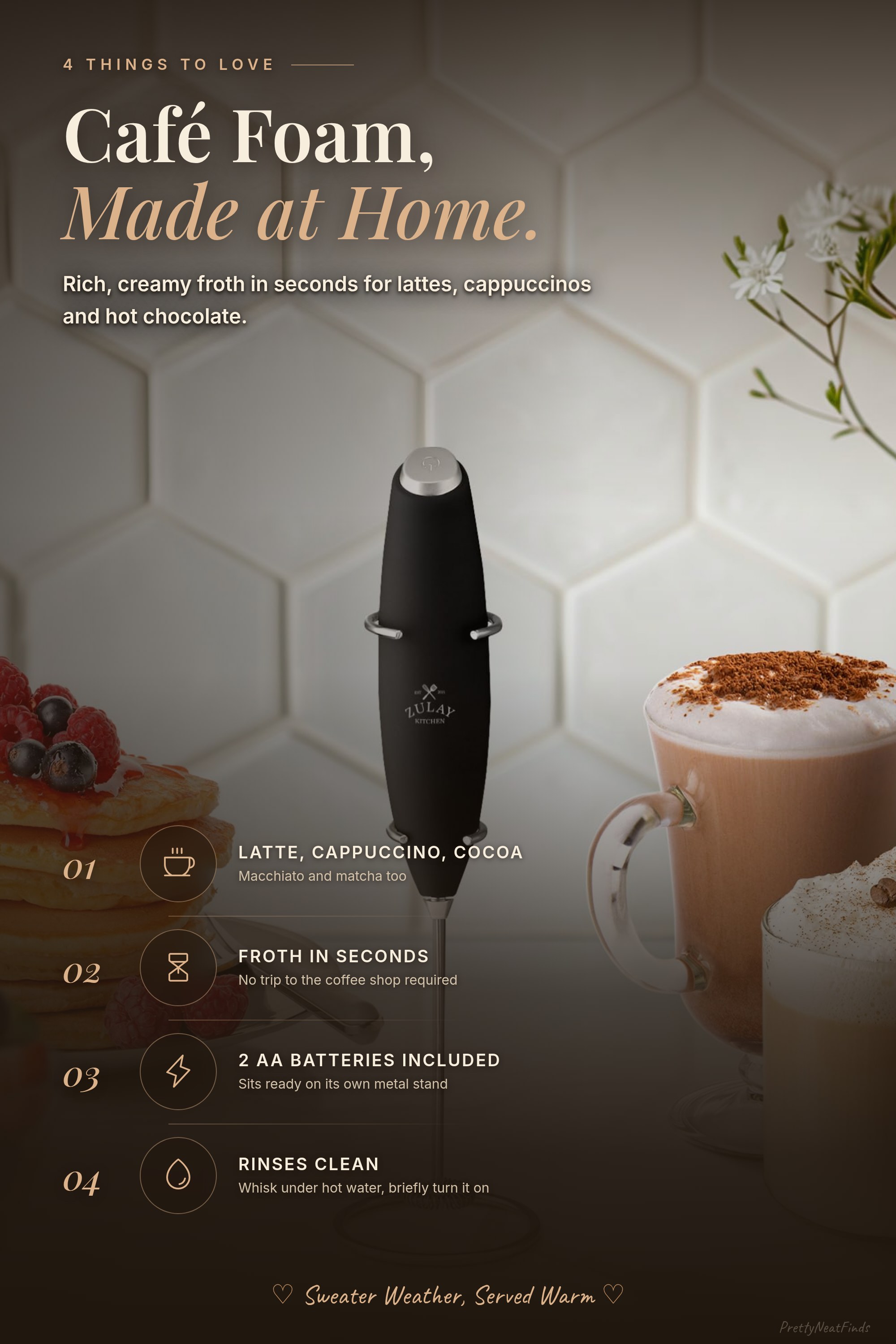 Zulay Handheld Milk Frother with Stand, 2 AA Batteries Included