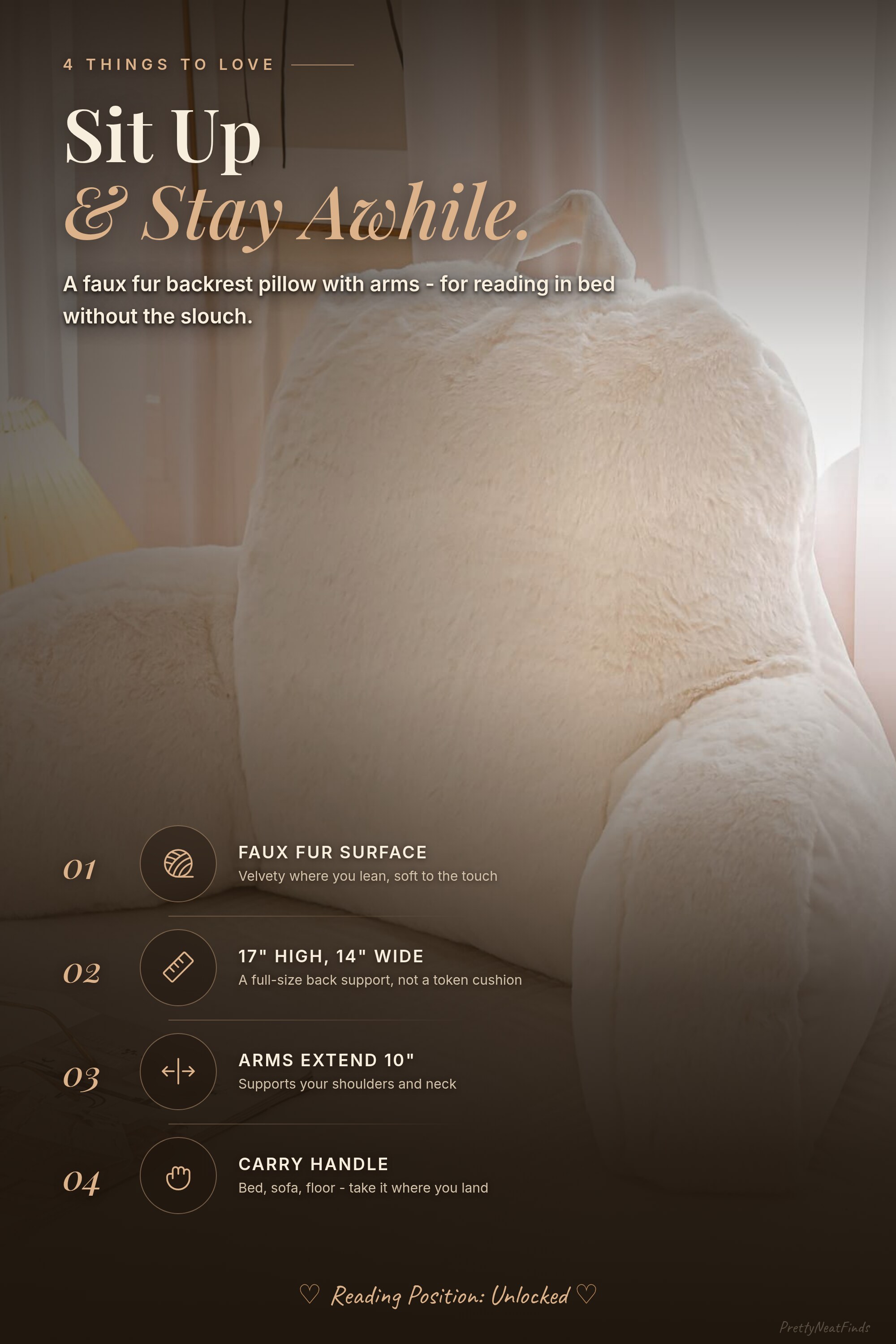 A Nice Night Ivory Faux Fur Reading Pillow with Arms, 17 inch