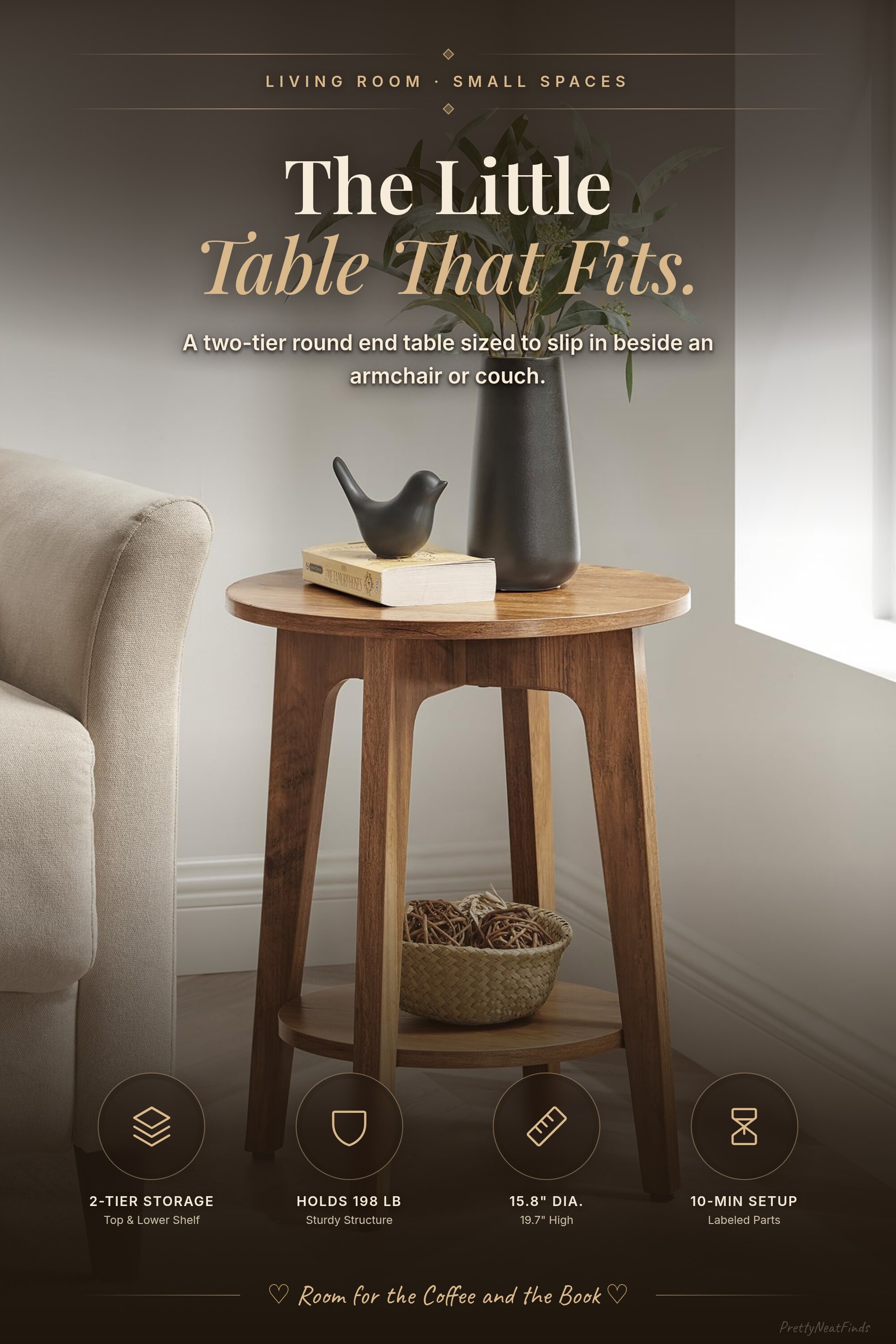 VASAGLE MAEZO 2-Tier Round Side Table, Honey Brown