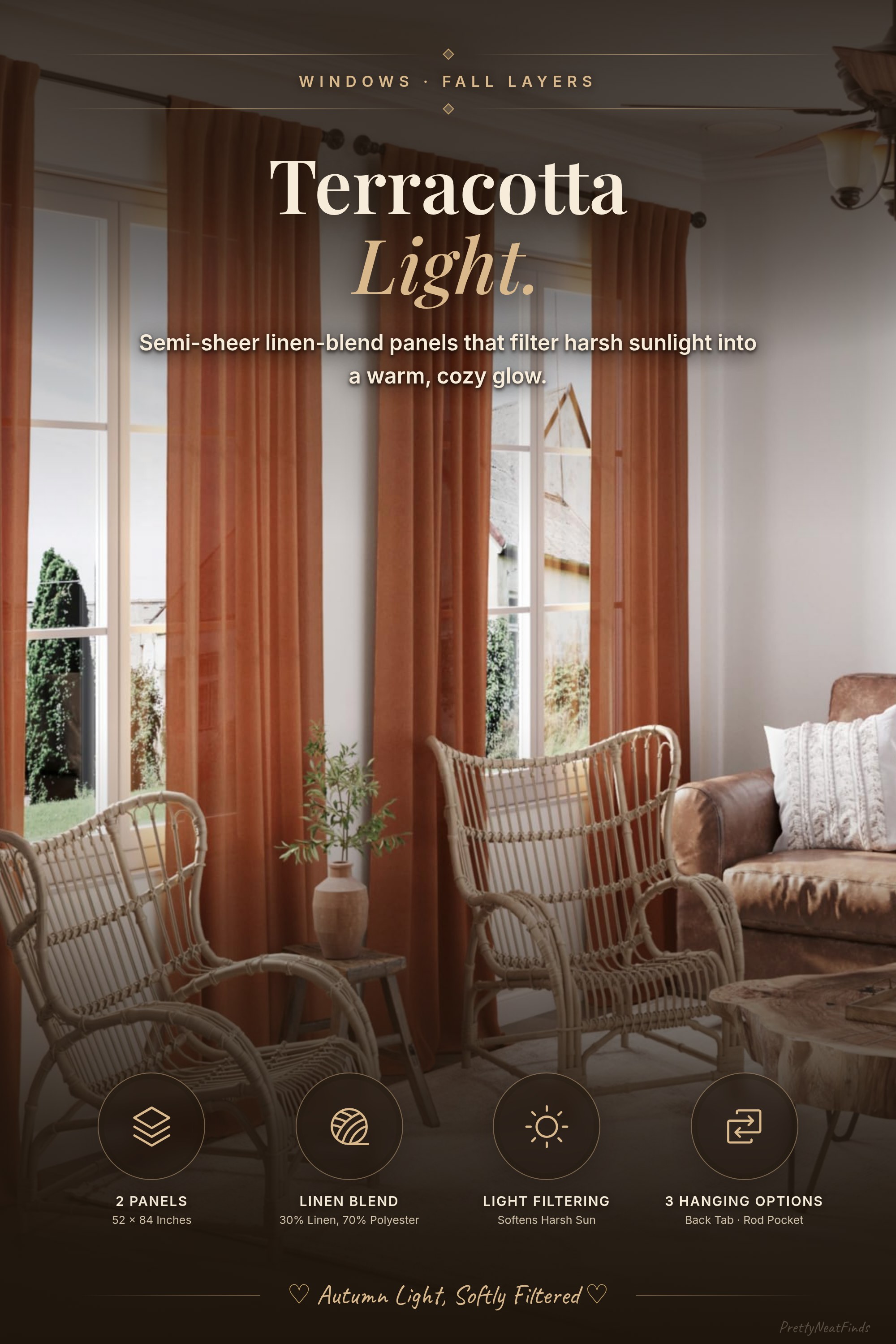 Nanspring Terracotta Linen Blend Curtains, 2 Panels, 52 x 84 in