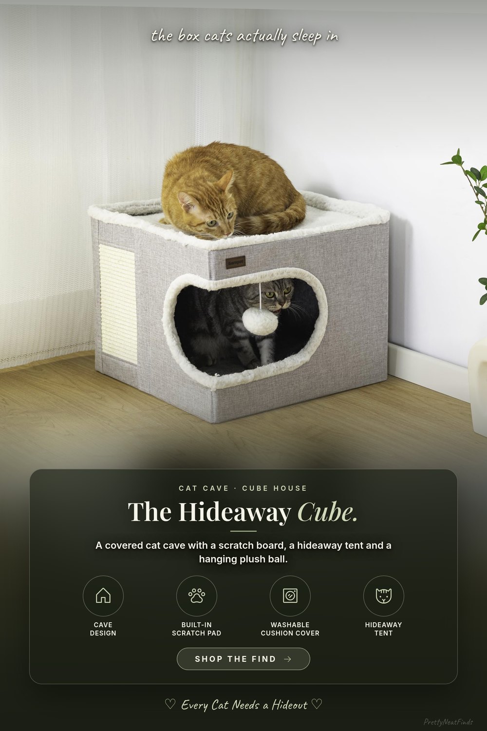 Garnpet Cat Cube House, Covered Cat Cave with Scratch Pad and Hideaway Tent, Grey