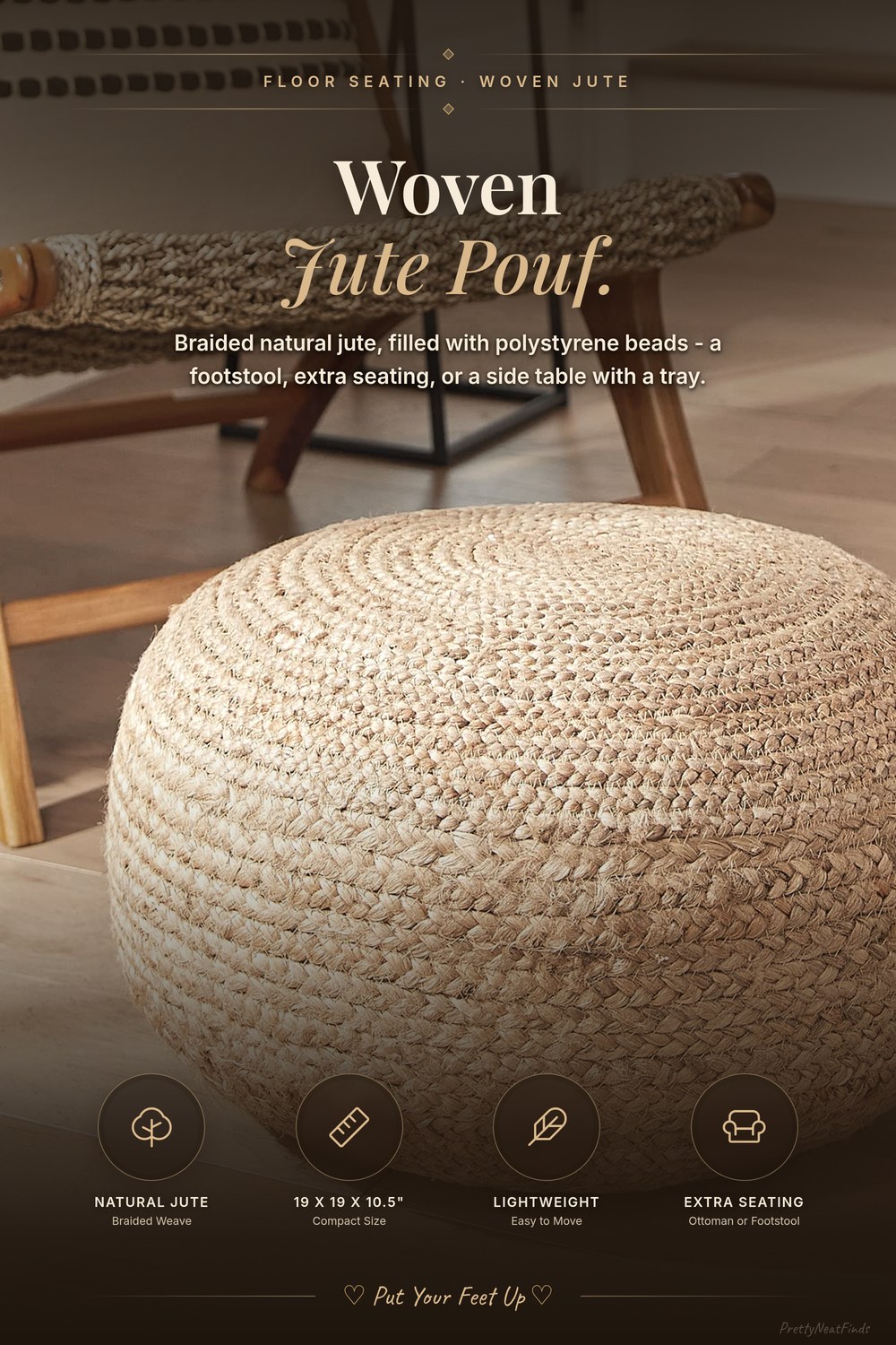 Decor Therapy Round Pouf Ottoman Footrest, Natural Woven Jute