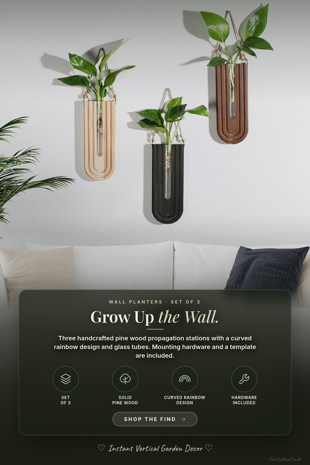 Dnnnii Wood Wall Planters with Curved Rainbow Design, Set of 3