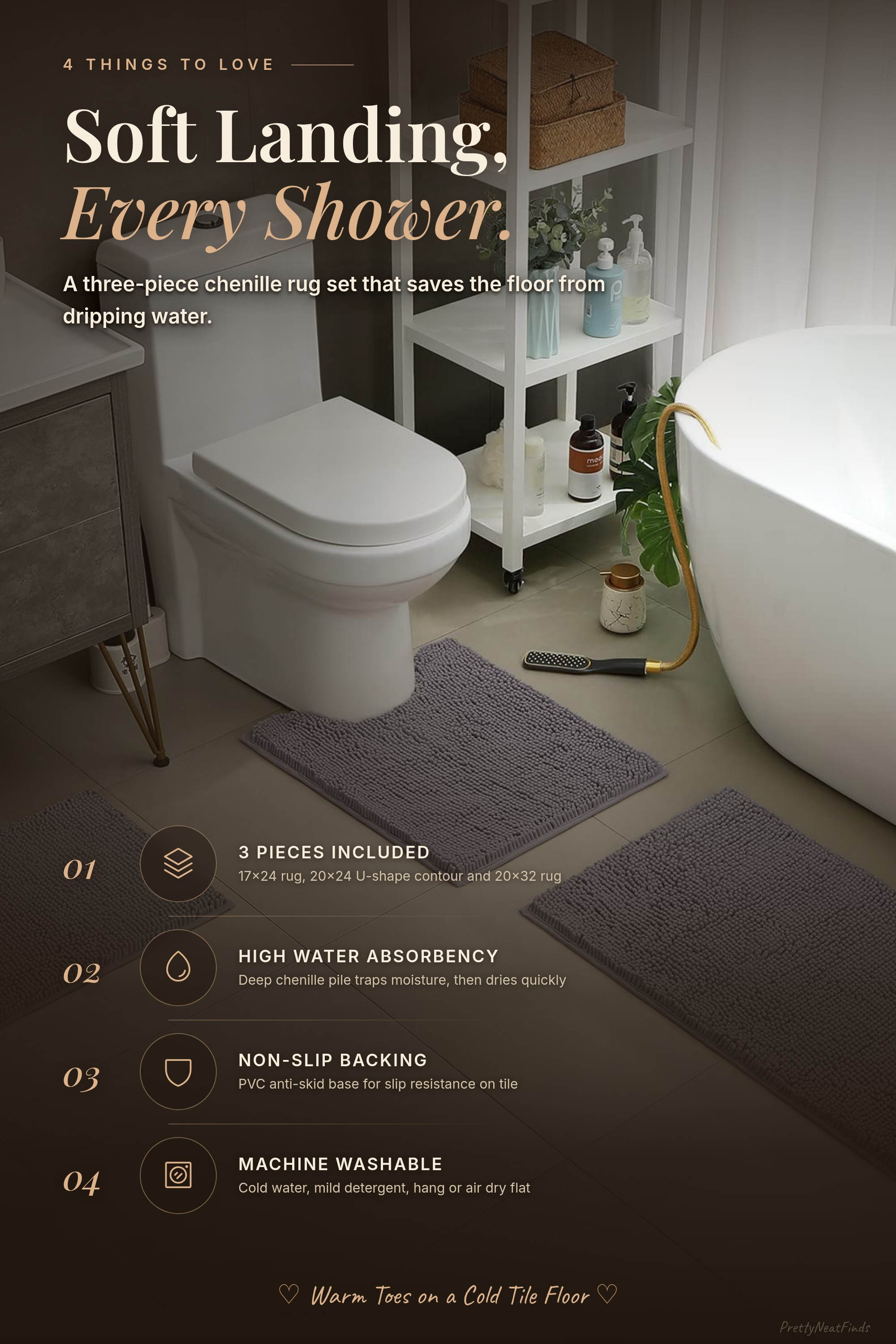 HOMEIDEAS 3-Piece Chenille Bathroom Rug Set, Grey