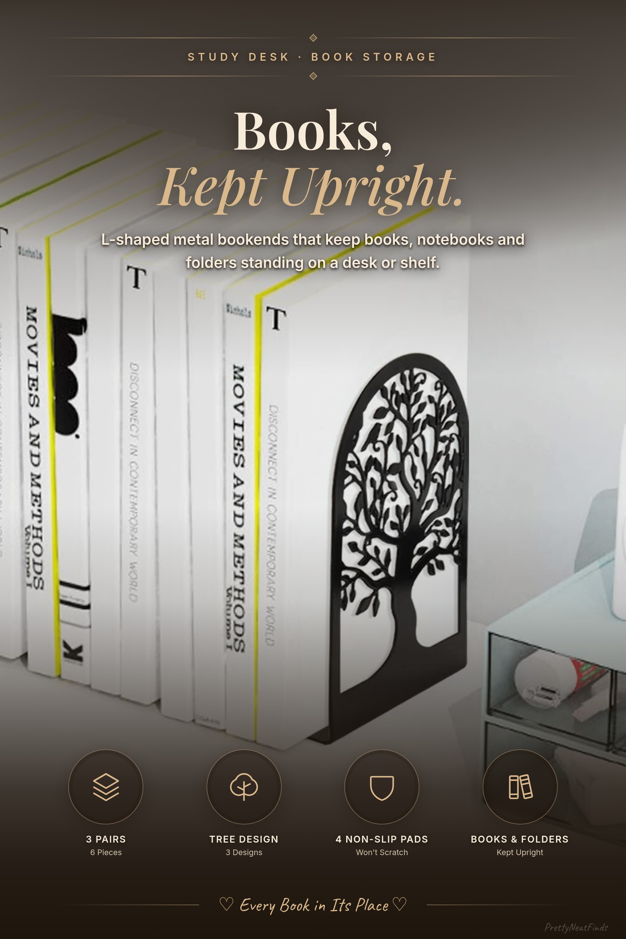 HappyHapi 3 Pair Metal Tree Bookends, Black (6 pcs)