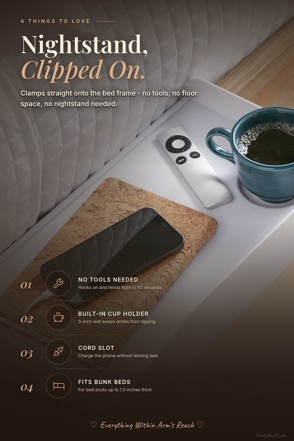 Modern Innovations Clip-On Bedside Shelf, Bunk Bed Caddy, White