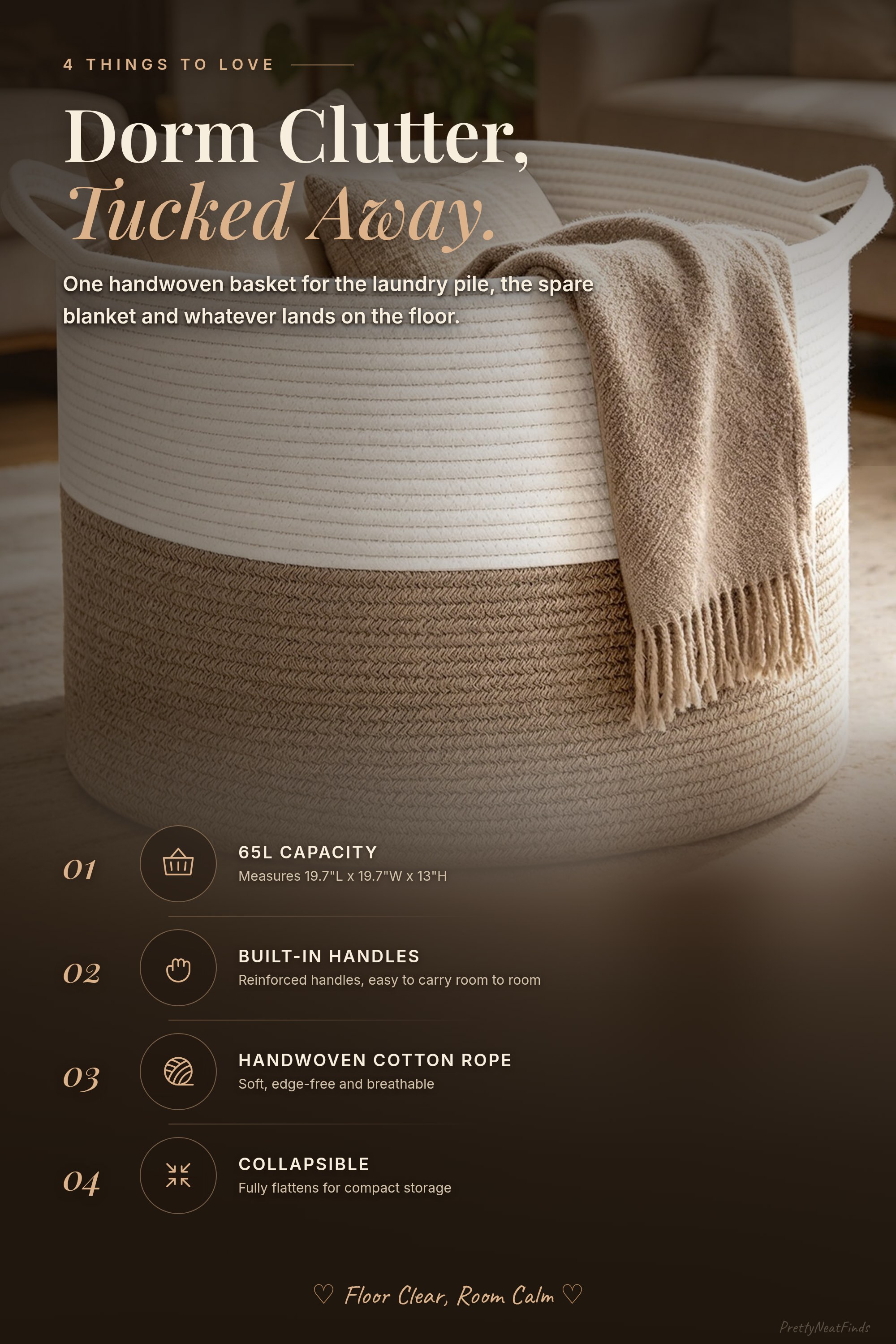 Large Woven Blanket Basket, 65L Cotton Rope Laundry Basket