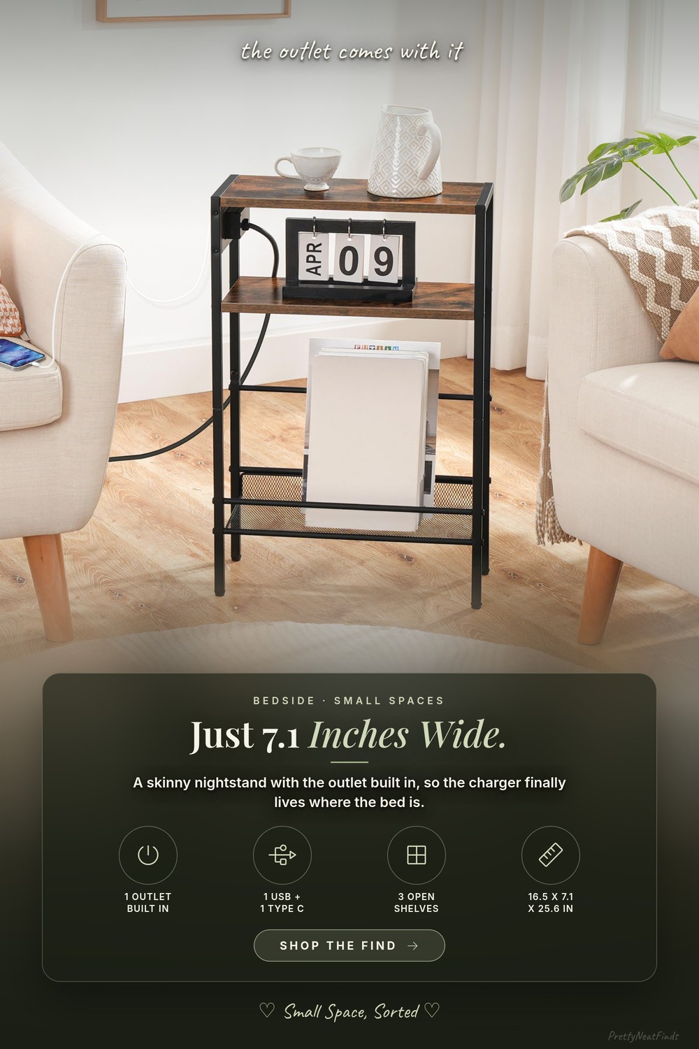 HOOBRO Narrow Side Table with Outlet, USB and Type C, 7.1 inch wide