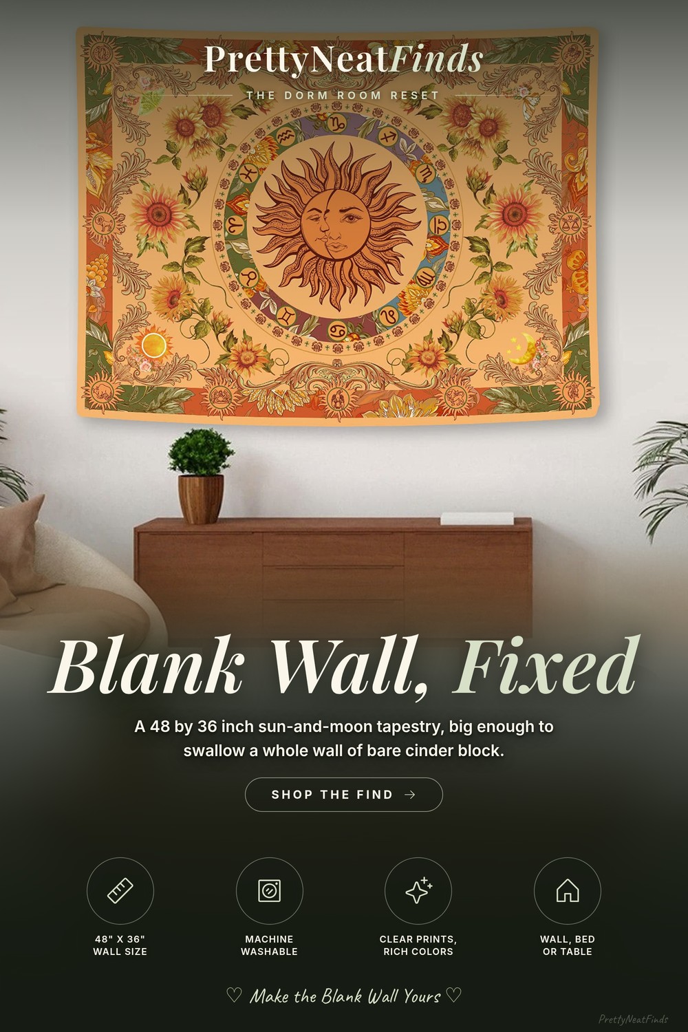 Accnicc Sun and Moon Tapestry, 48 x 36 Inches, Orange