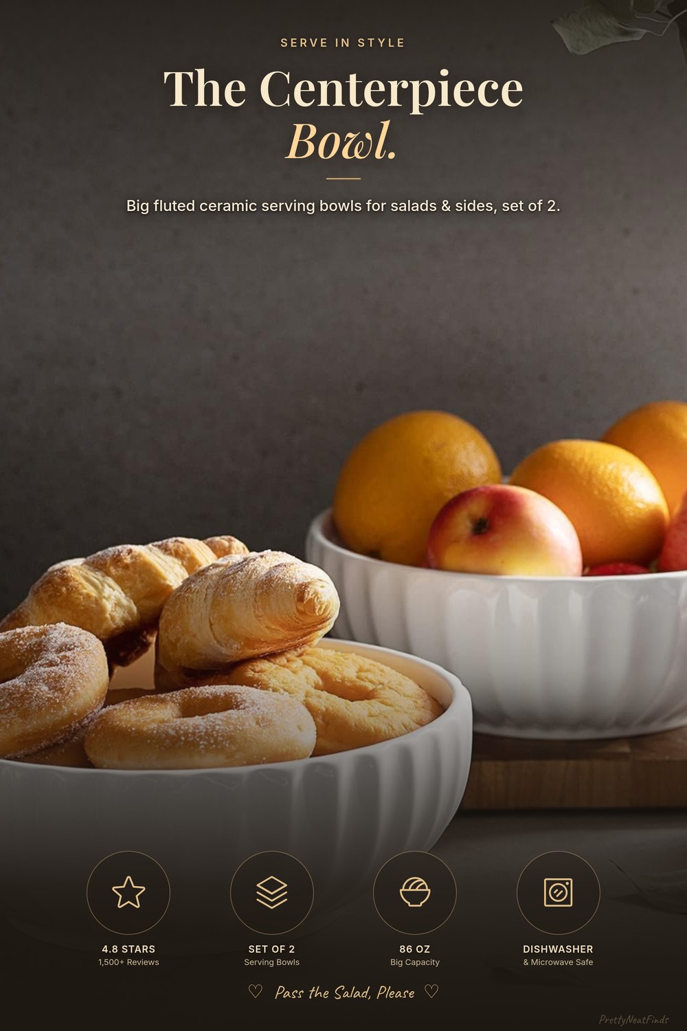 DOWAN 9.8" Large Serving Bowls, 86 oz White Ceramic (Set of 2)