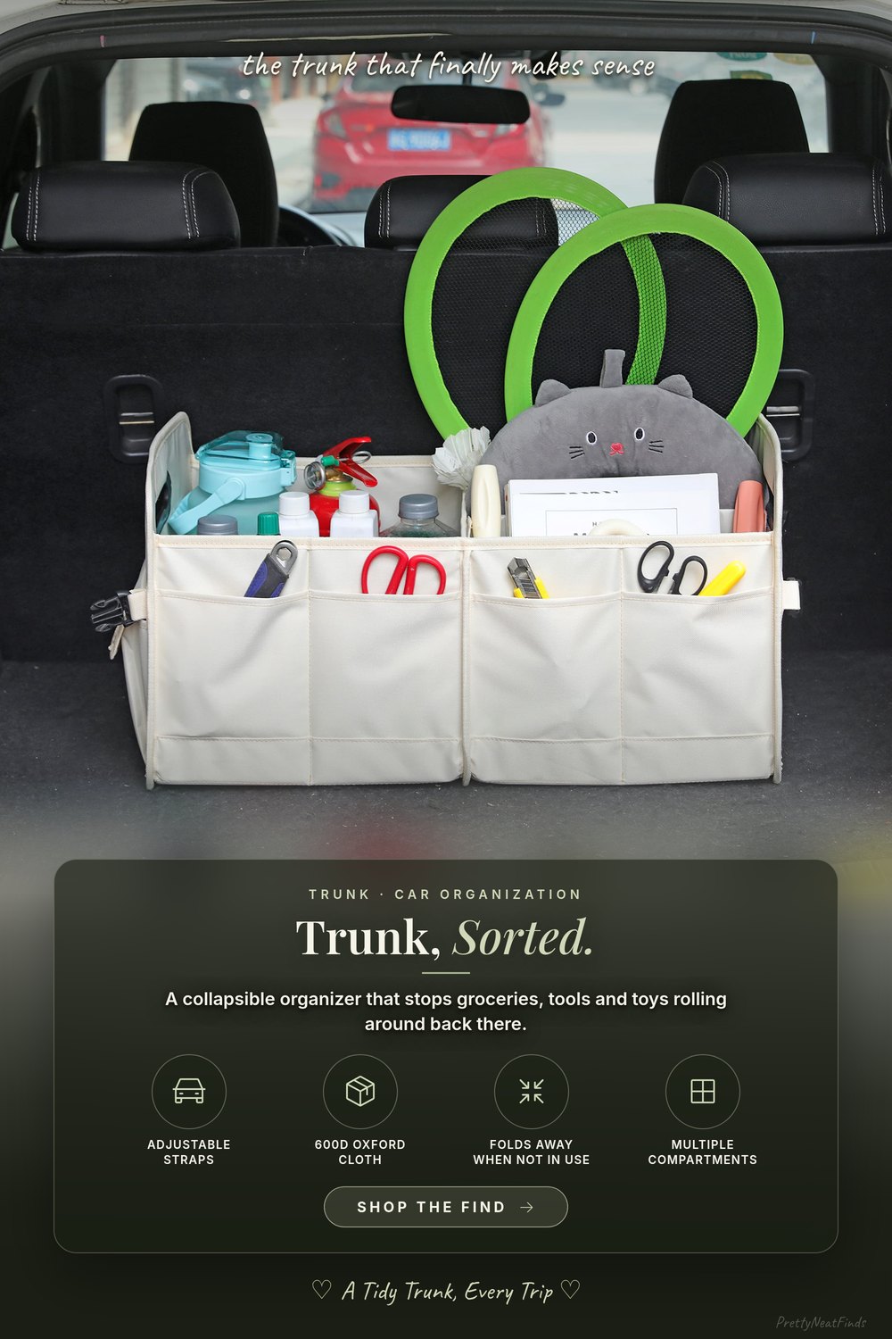 AOKJOY Collapsible Car Trunk Organizer with Adjustable Straps, Beige