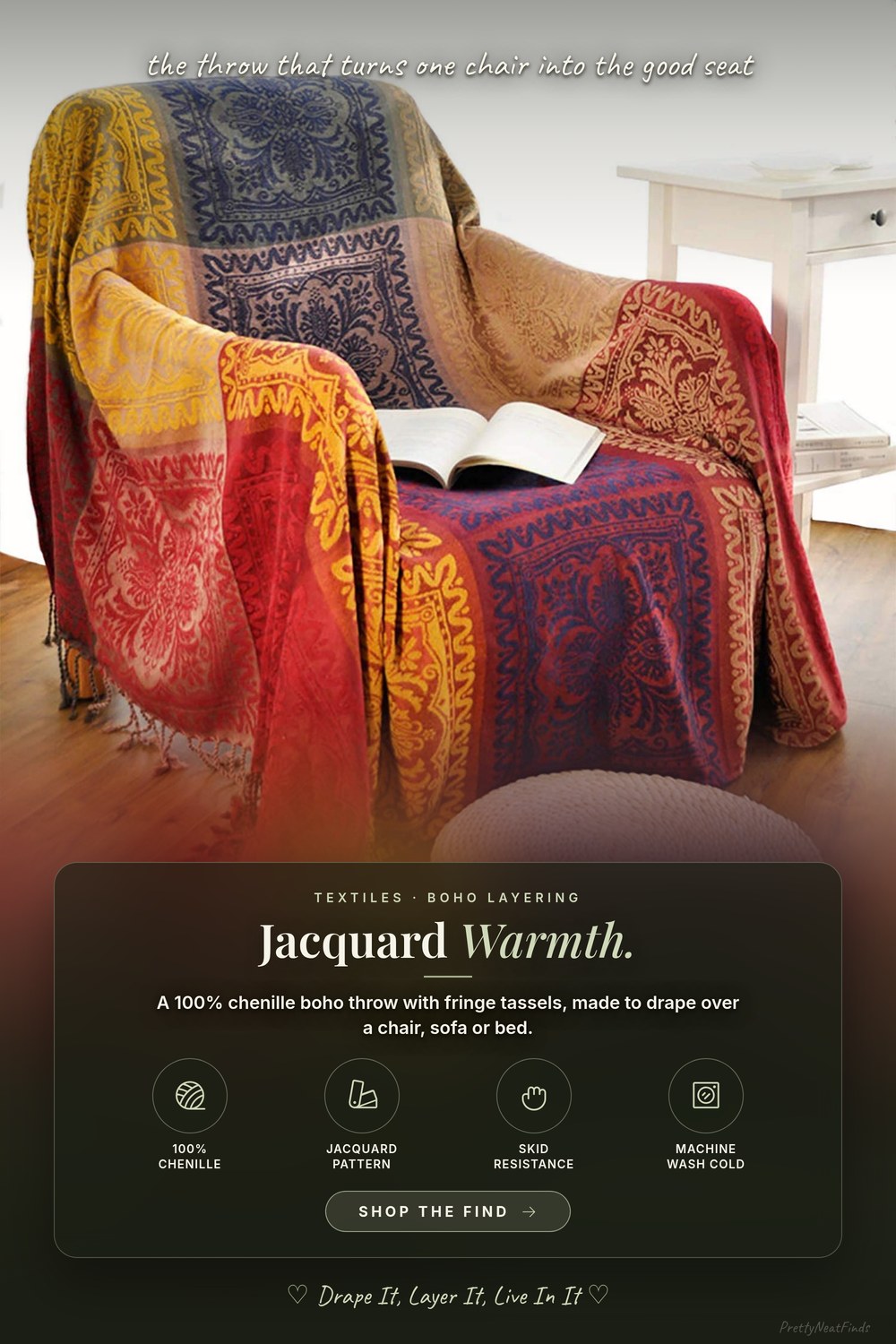 Boho Throw Blanket, Chenille Jacquard with Fringe Tassels, Red 60x75