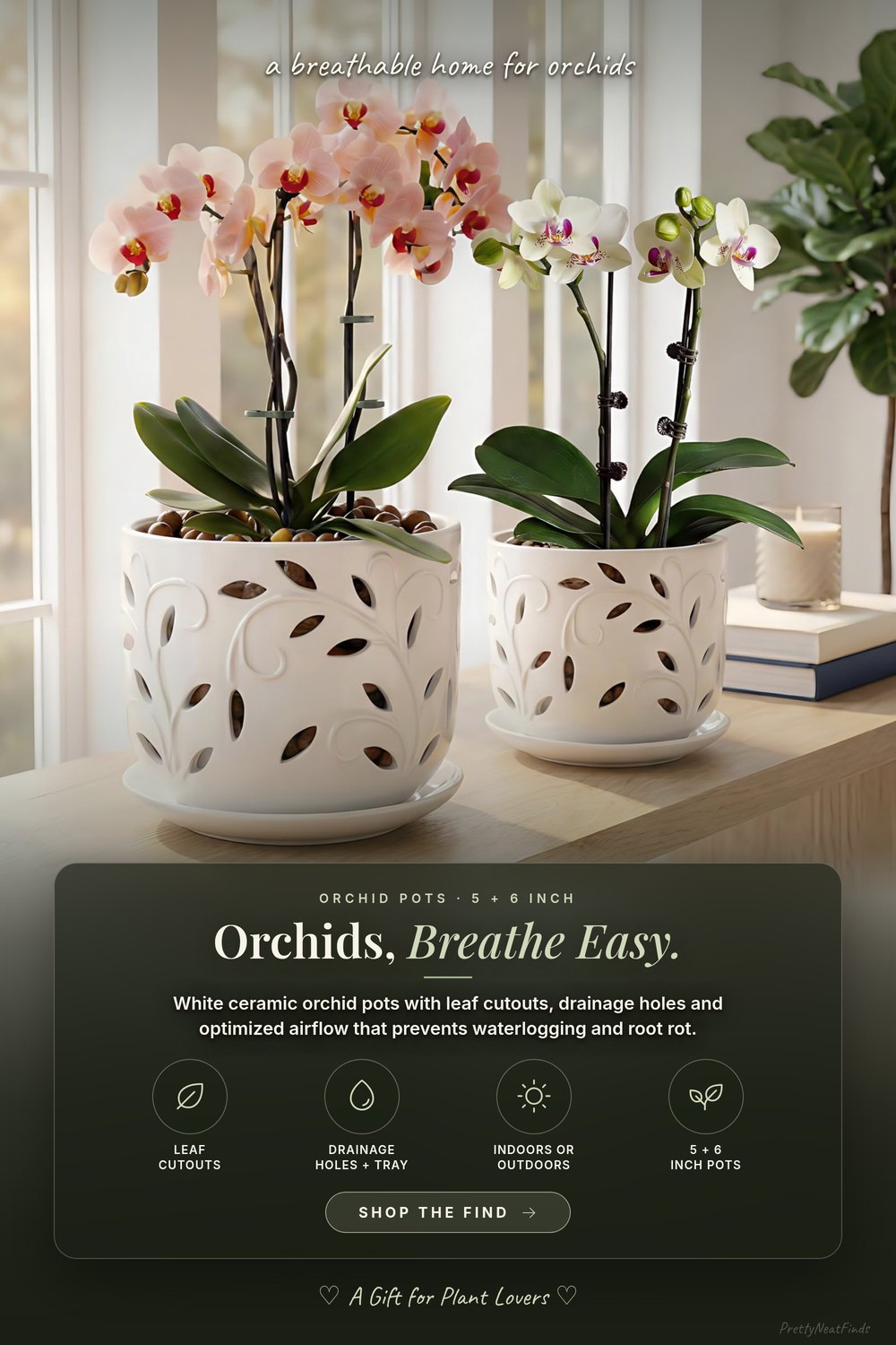 Ceramic Orchid Pots with Leaf Cutouts and Tray, 5 + 6 Inch, White